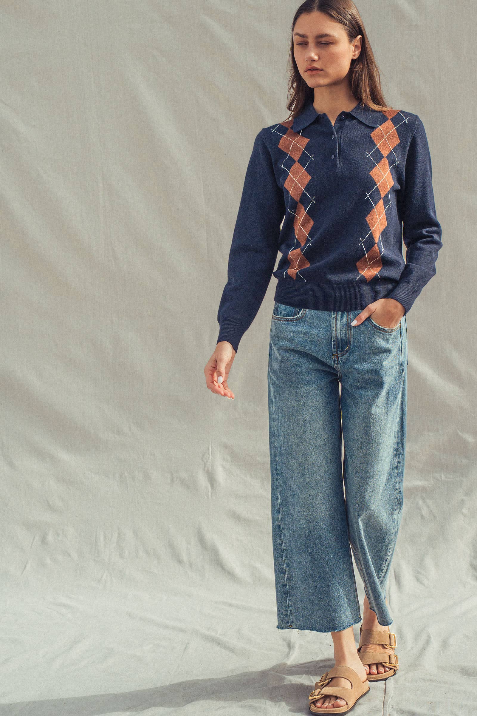 Classic Argyle Knit Polo Sweater