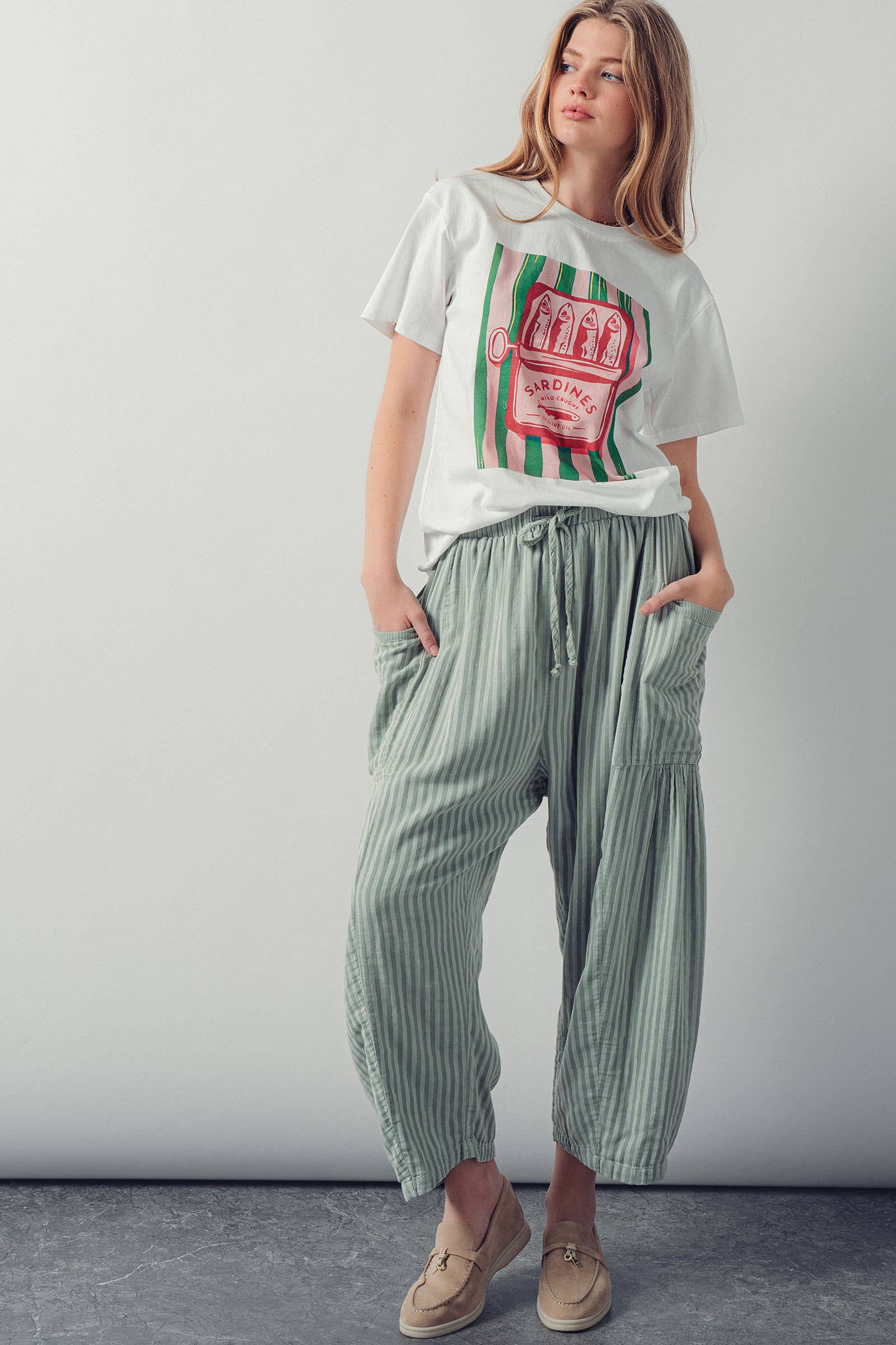 Striped Cotton Drawstring Harem Pants