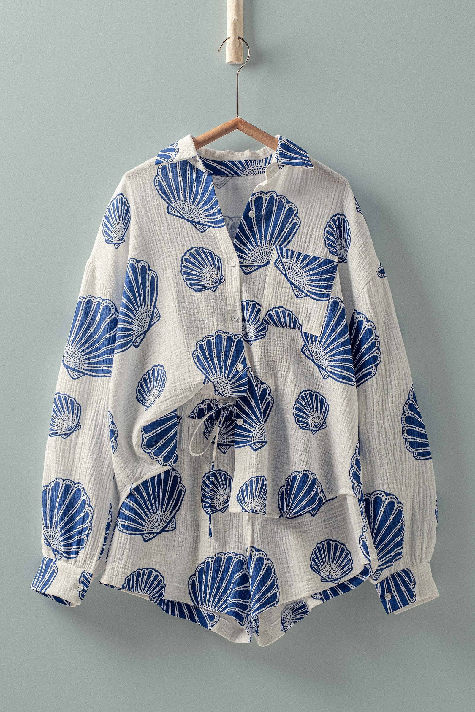 Seaside Blue Shell Cotton Gauze Shirt & Short Set