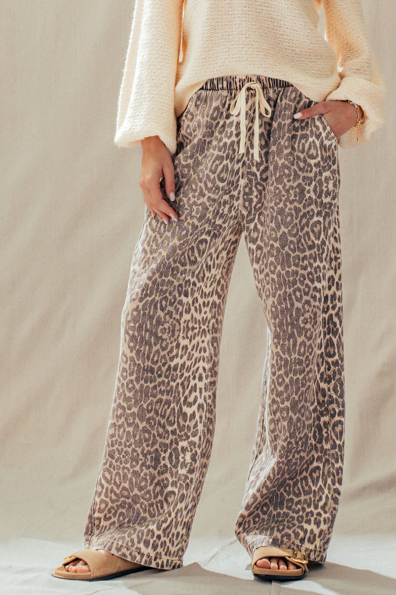 Urban Daizy Leopard Print Wide Leg Cotton Pants Drawstring Leopard Pants - Women's (UDZ-PT-00482) – alternate view 4