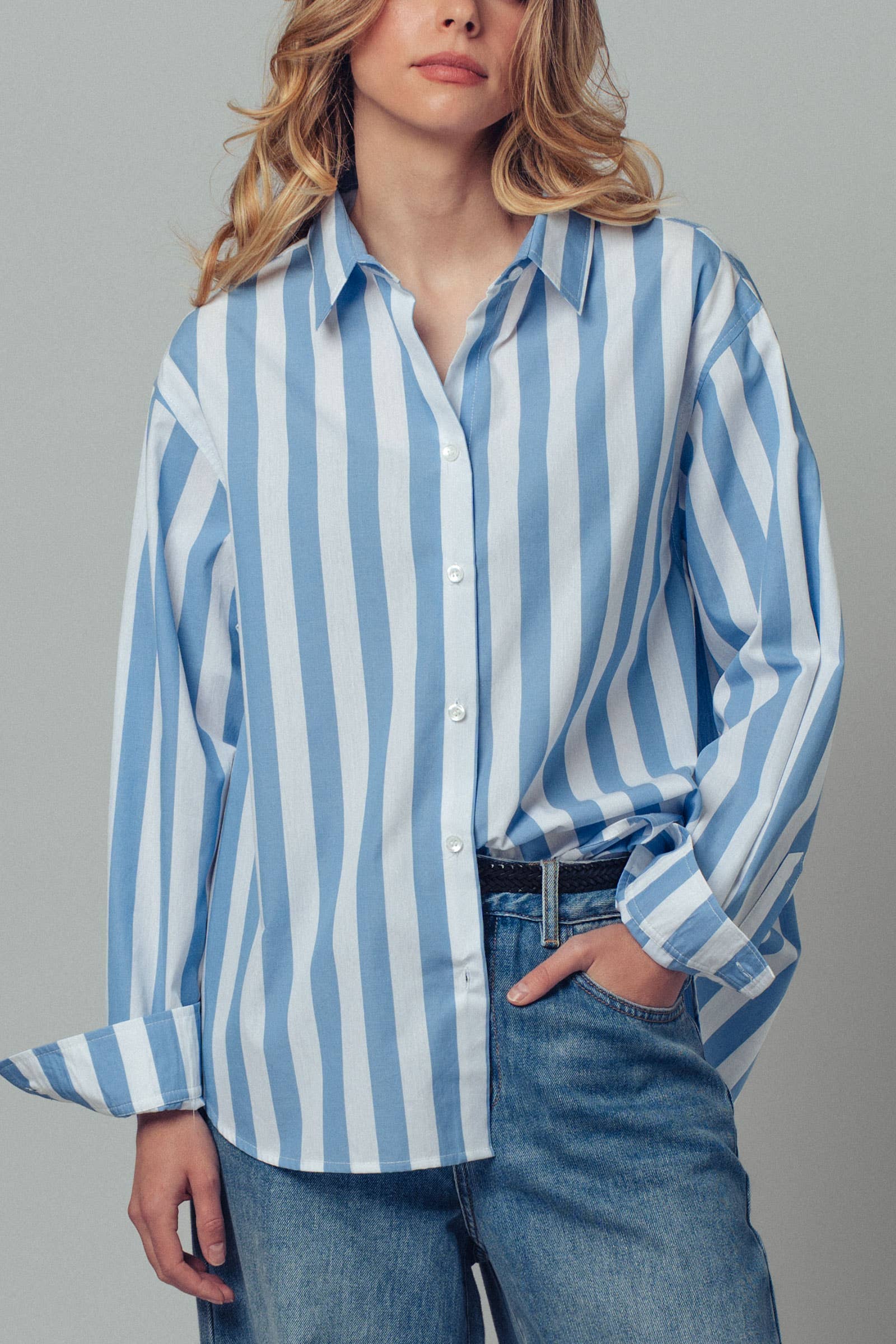 Urban Daizy Oversized Stripe Button Down Collared Shirt Blue Button Down Shirt - Women's (UDZ-TP-00759) – alternate view 2