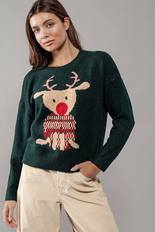 Urban Daizy Rudolph Reindeer Knit Crewneck Sweater Grey Knit Sweater - Women's (UDZ-KN-00538) – alternate view 7
