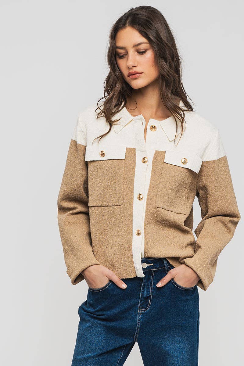 Urban Daizy Colorblock Button-Up Cropped Coat Cream-Black Coat - Women's (UDZ-OT-00349) – alternate view 5