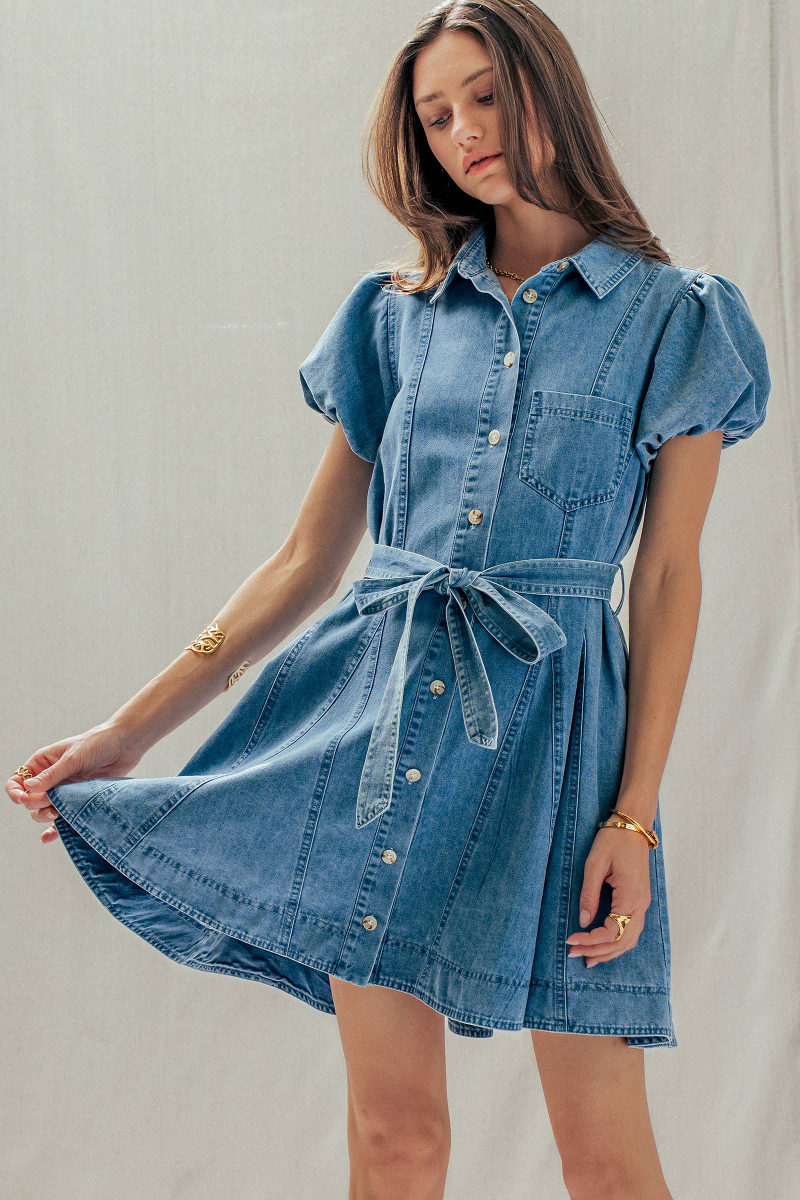 Urban Daizy Belted Puff Sleeve Button Front Denim Dress Denim Dress - Women's (UDDR0344) – alternate view 2