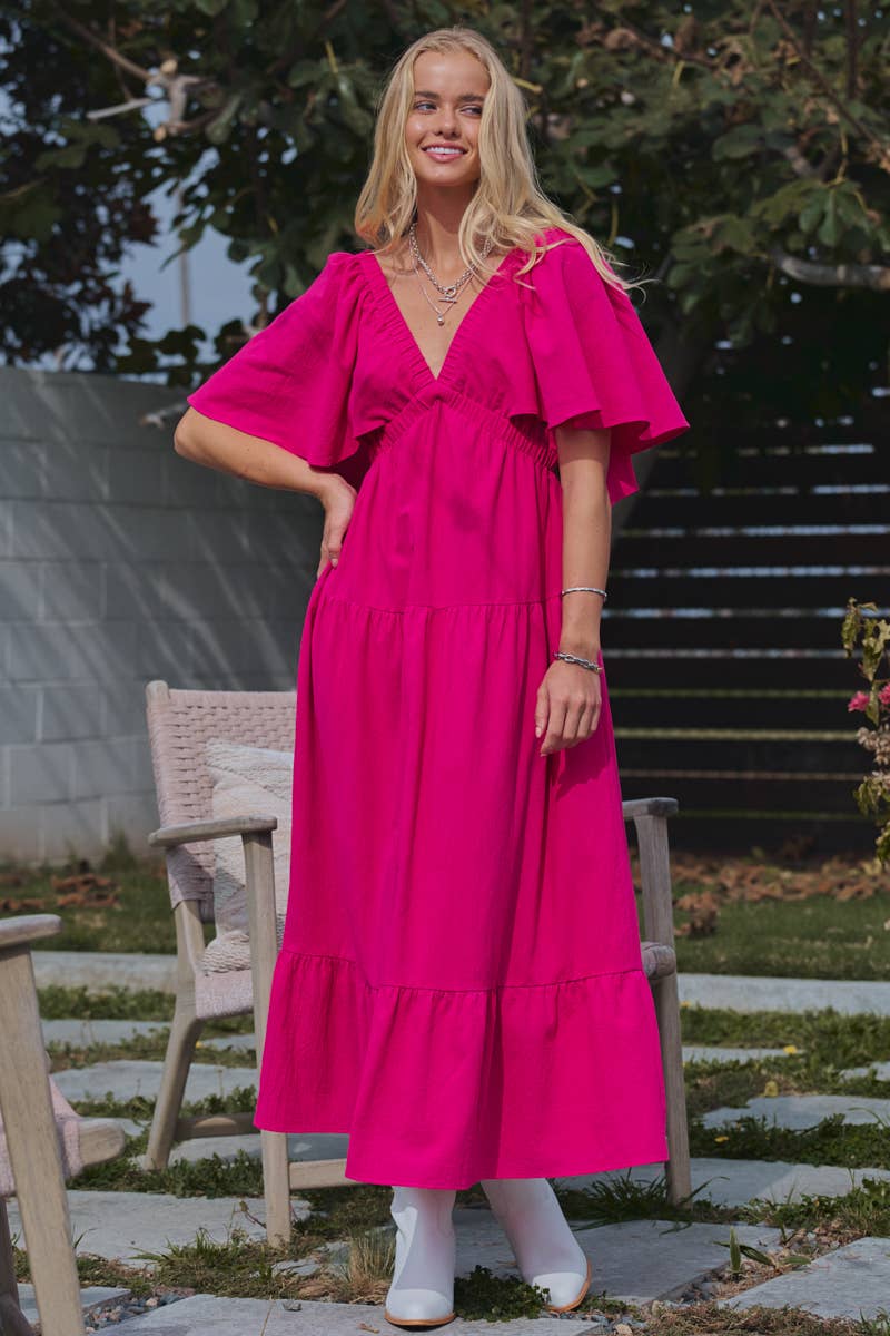 Urban Daizy Cotton Flutter Sleeve Tiered Maxi Dress Hot-Pink Dress - Women's (UDZ-OT-00168)