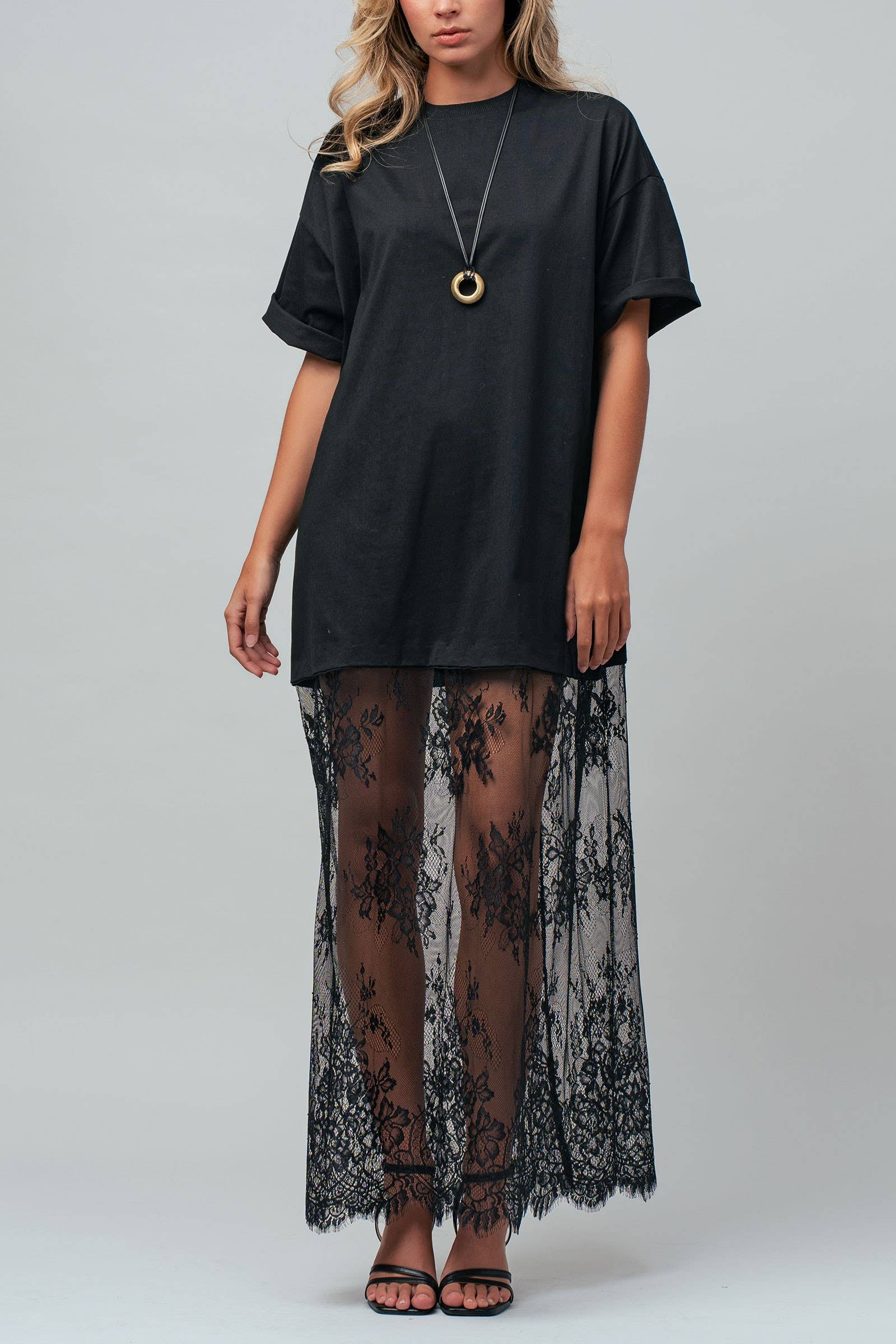 Mixed-Media T-Shirt Dress with Sheer Lace Skirt