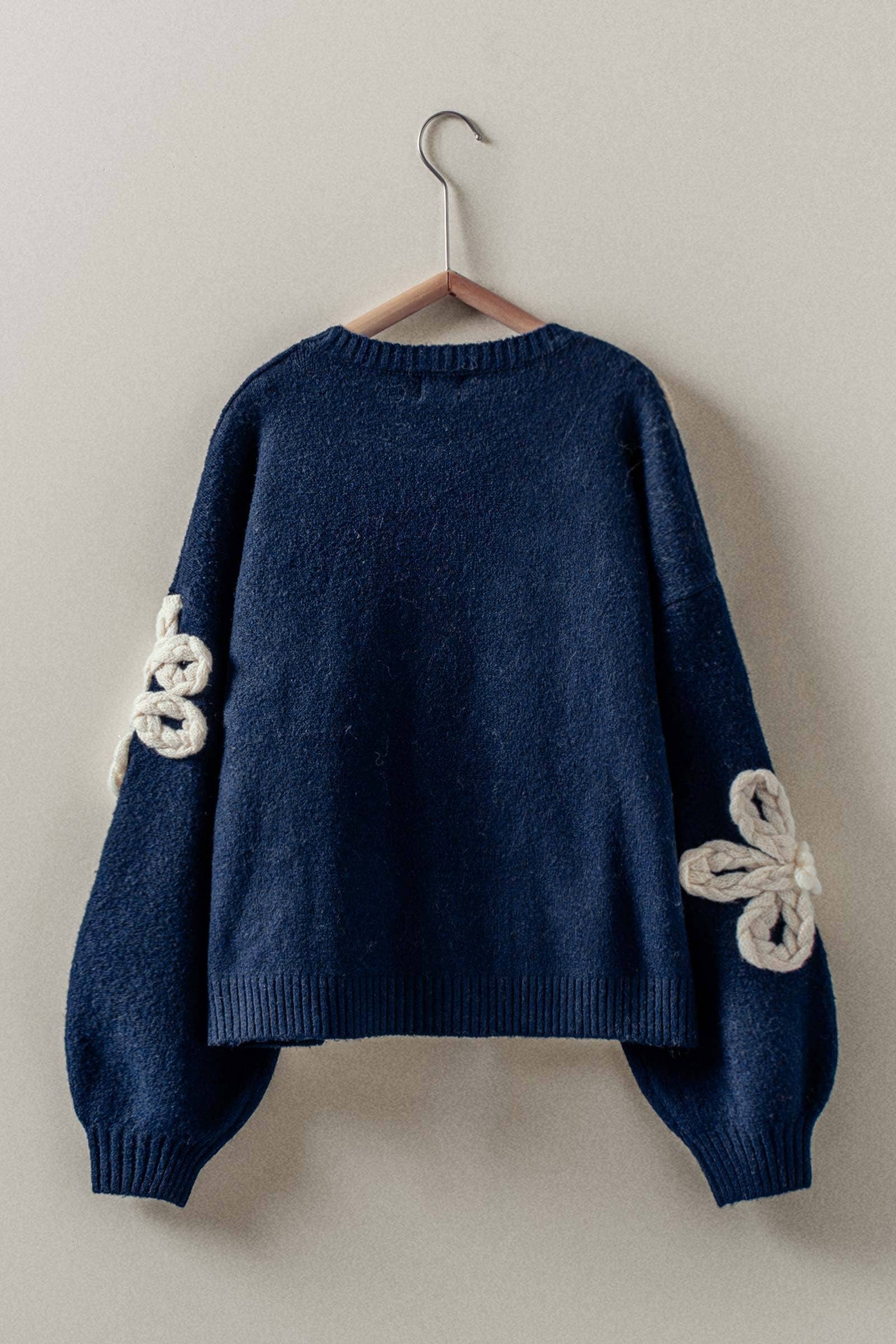 Urban Daizy Chunky Floral Appliqué Knit Sweater Navy Knit Sweater - Women's (UDZ-TP-00816) – alternate view 2