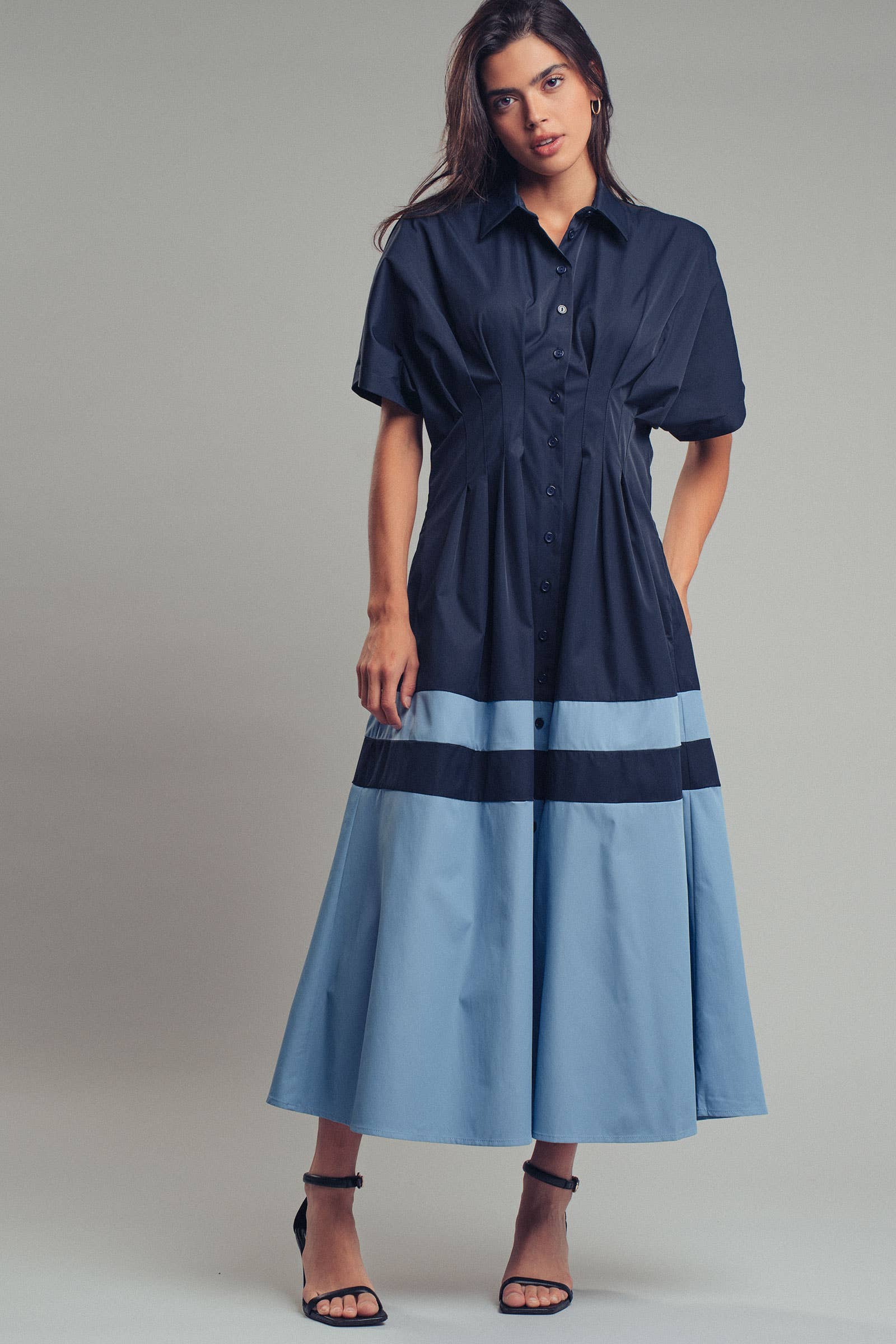 Colorblock Button-Up Cotton Midi Dress