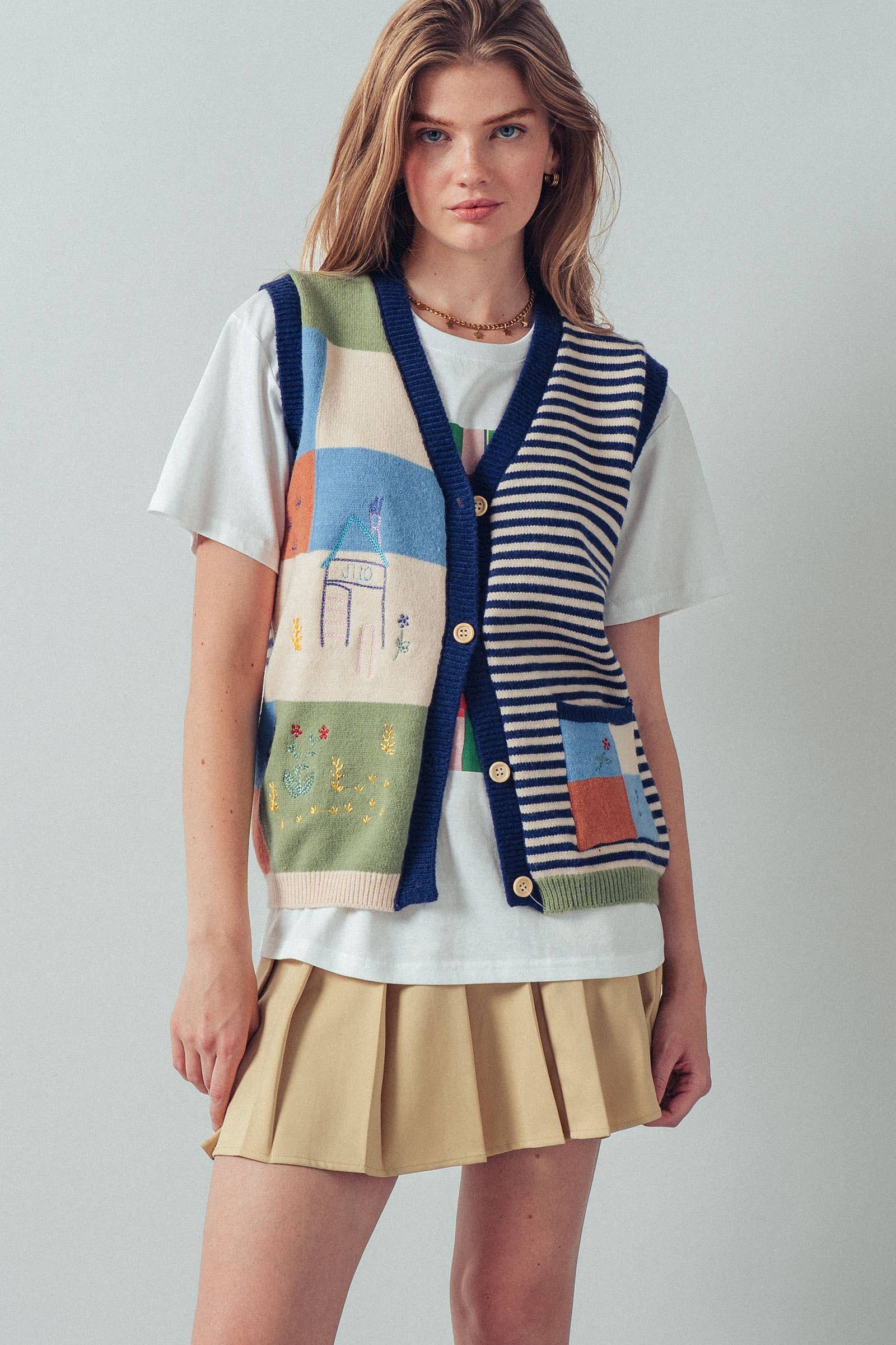 Embroidered Patchwork Striped Knit Vest