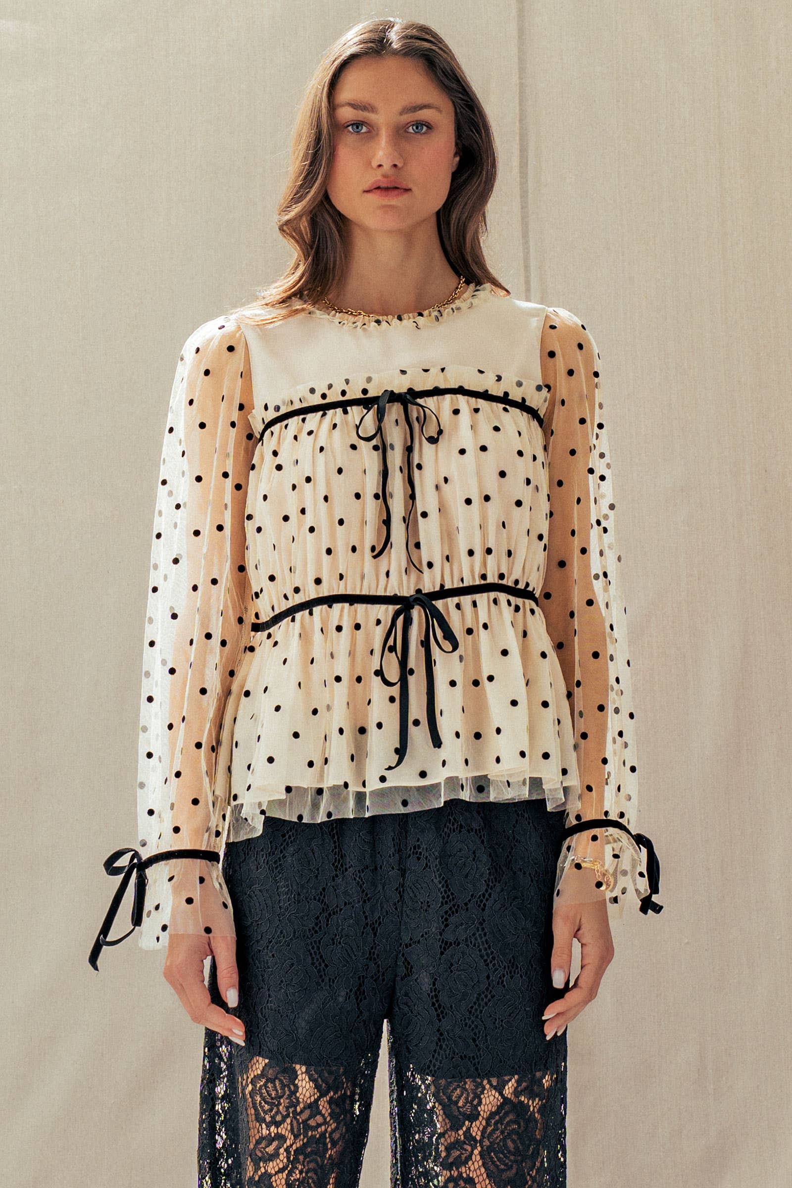 Urban Daizy Polka Dot Mesh Babydoll Top Velvet Bow Tie Ivory-Black Blouse - Women's (UDZ-TP-01052) – alternate view 6