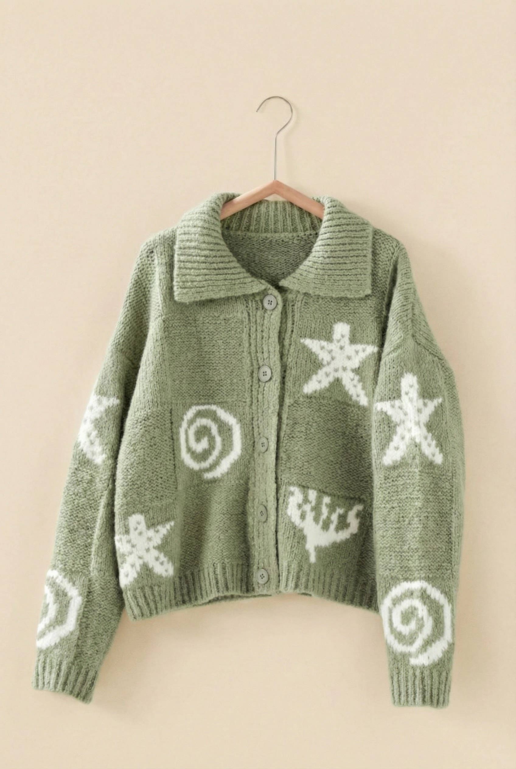Nautical Sea Life Motif Collared Cardigan