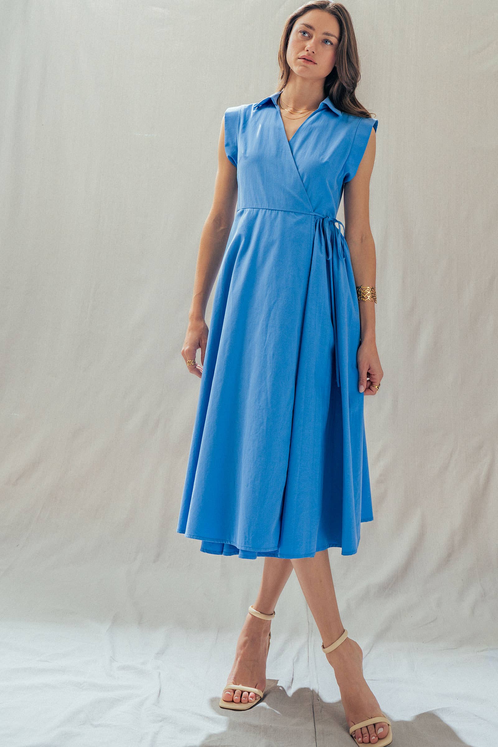 Collared Cap Sleeve Wrap Midi Dress