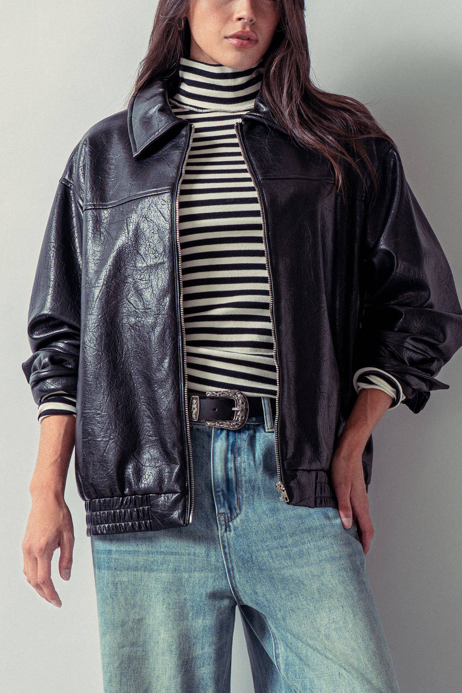 Relaxed Faux Leather Zip-Up Statement Jacket