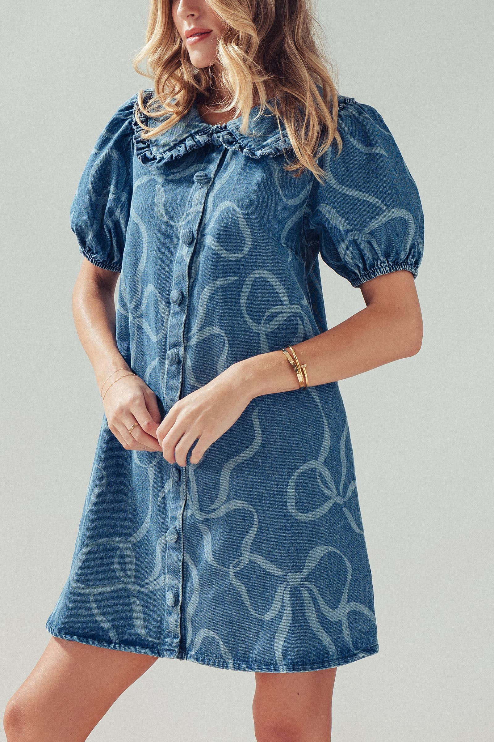 Bow Print Puff Sleeve Denim Mini Dress