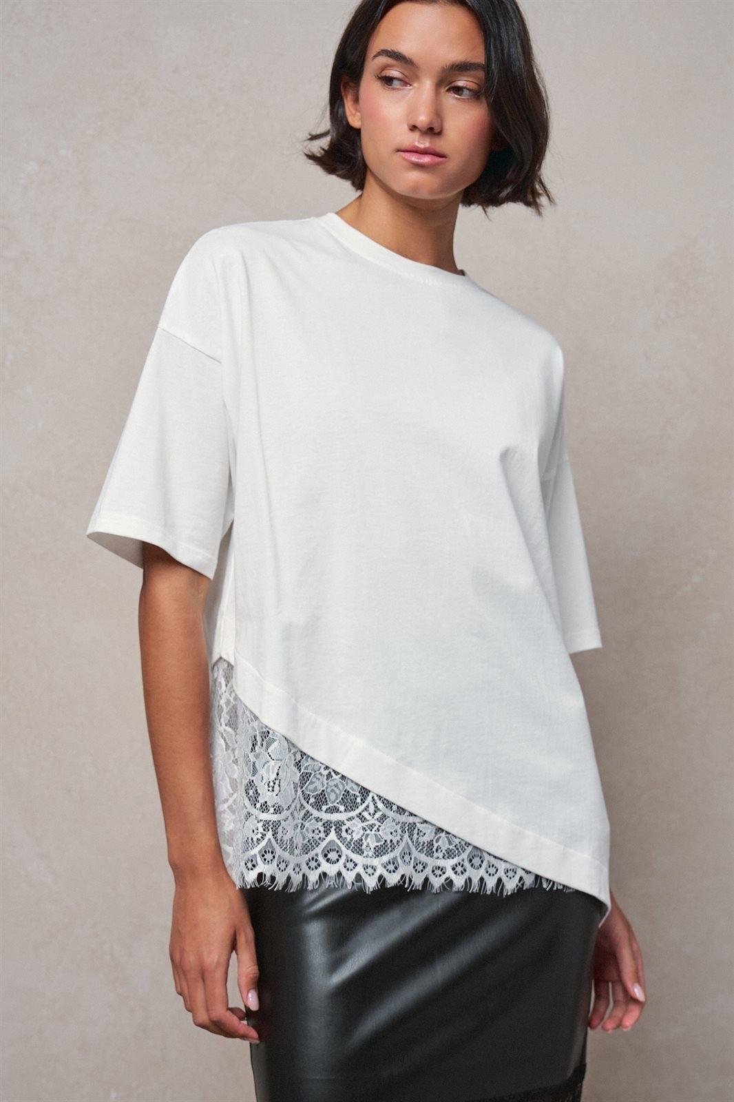 Oversized Cotton Tee with Asymmetric Lace Hem in WHITE - Women's T-Shirts & Polos | Urban Daizy