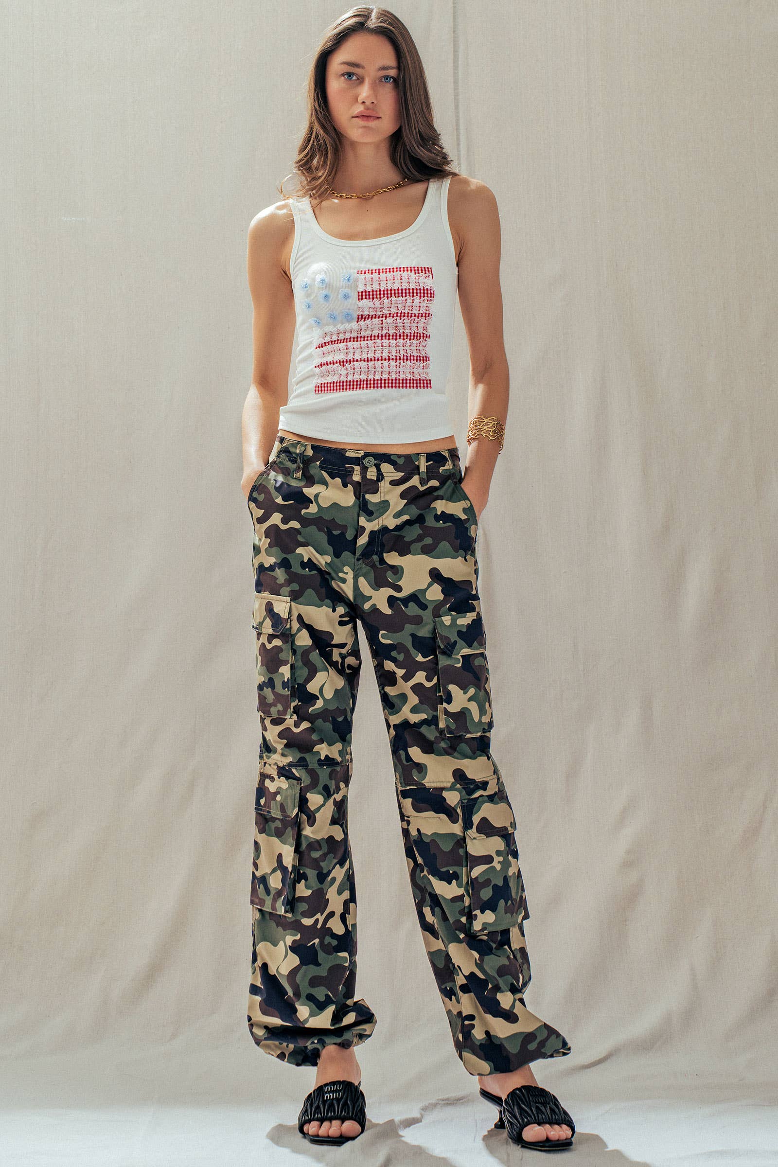 Camo Print Utility Cargo Pants with Drawstring Hem