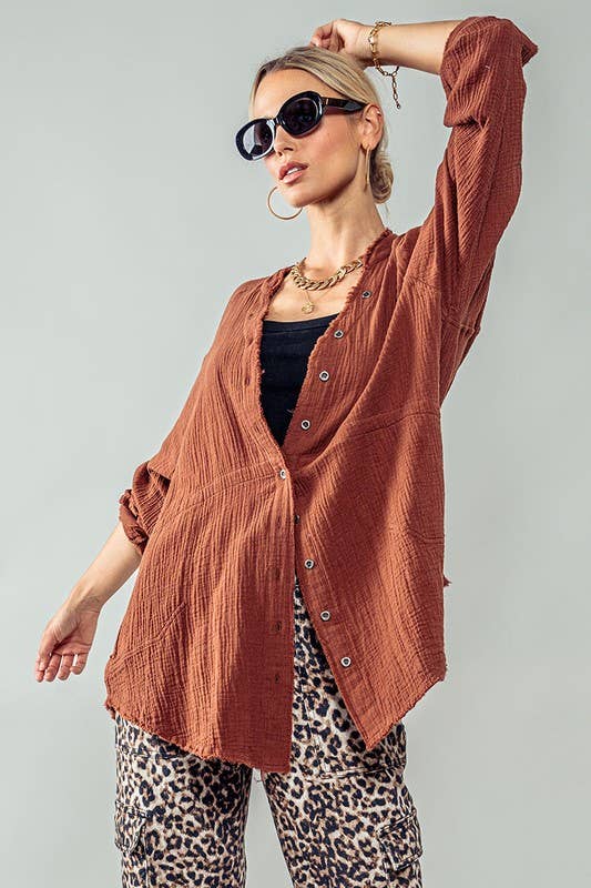 Urban Daizy PREMIUM SOFT FRAYED HEM GAUZE VINTAGE WASHED SHIRT Forest-Green Button Down Shirt - Women's (UDZ-TP-00225) –…