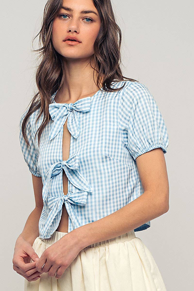 Urban Daizy Gingham Triple Bow Puff Sleeve Crop Top Pink Blouse - Women's (UDZ-TP-01033) – alternate view 24