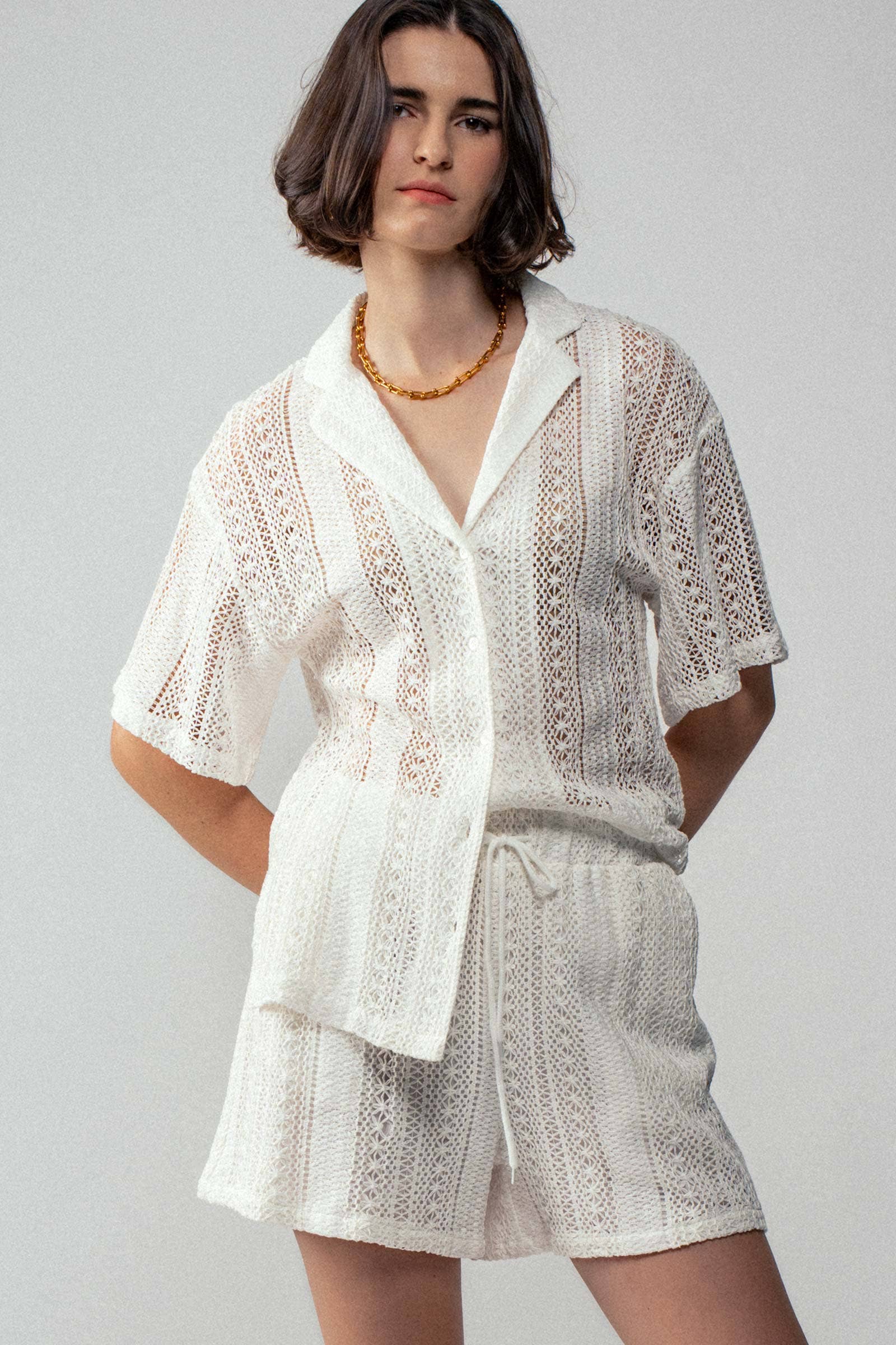 Urban Daizy Open Knit Button-Down Oversized Shirt Black Button Down Shirt - Women's (UDZ-TP-00111) – alternate view 5