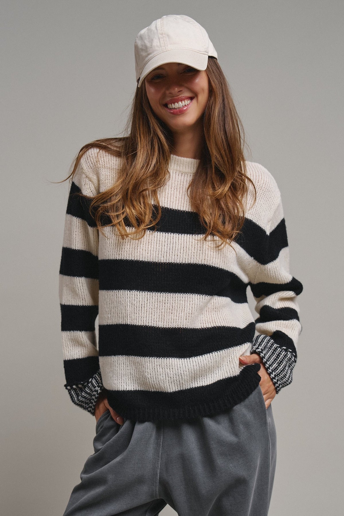 Striped Oversized Chunky Knit Sweater in BLACK - Women's Sweaters | Urban Daizy