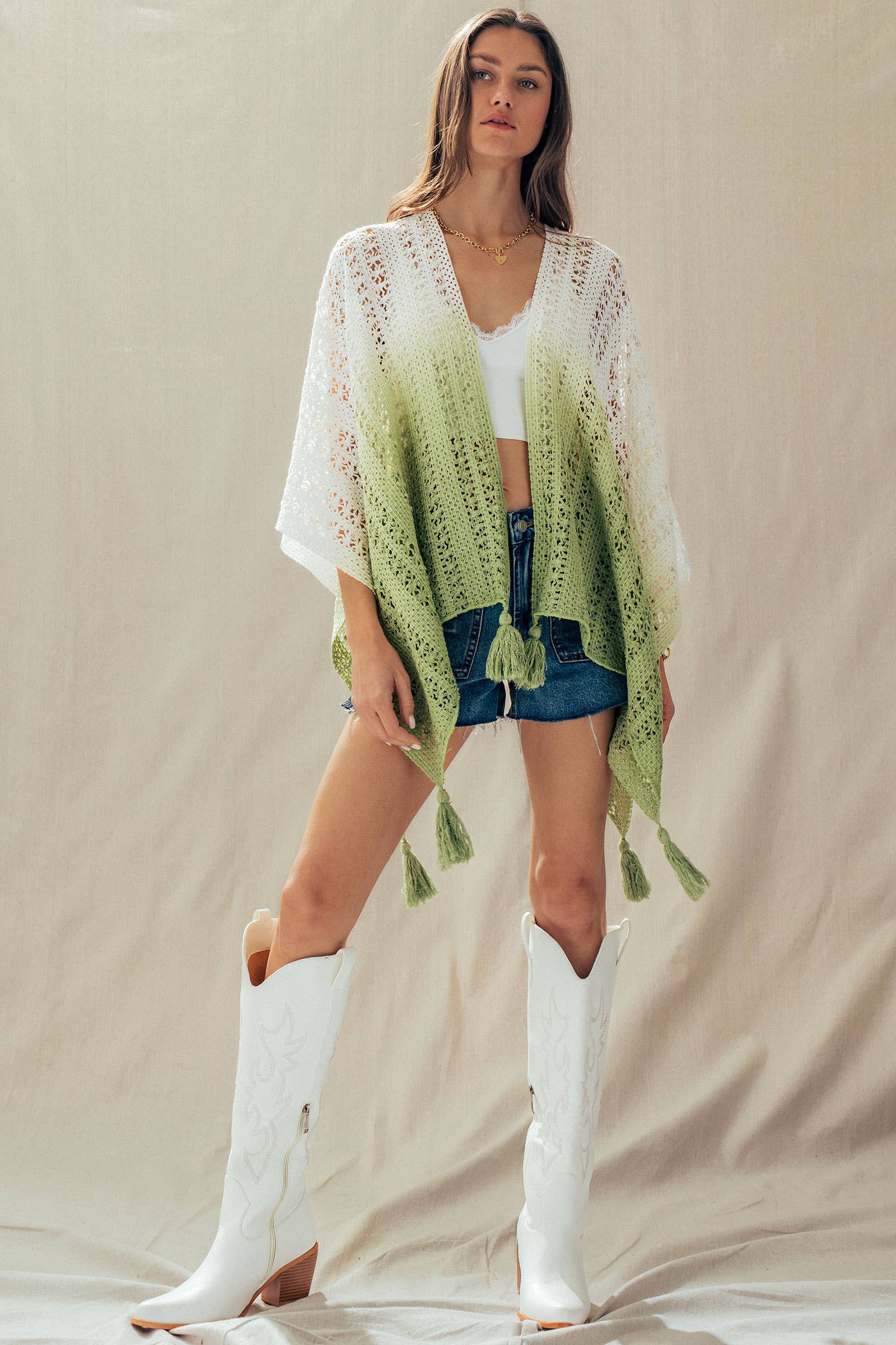 Urban Daizy Ombre Crochet Knit Poncho Tassel Cover-Up Sage Poncho - Women's (UDZ-OT-00492) – alternate view 21