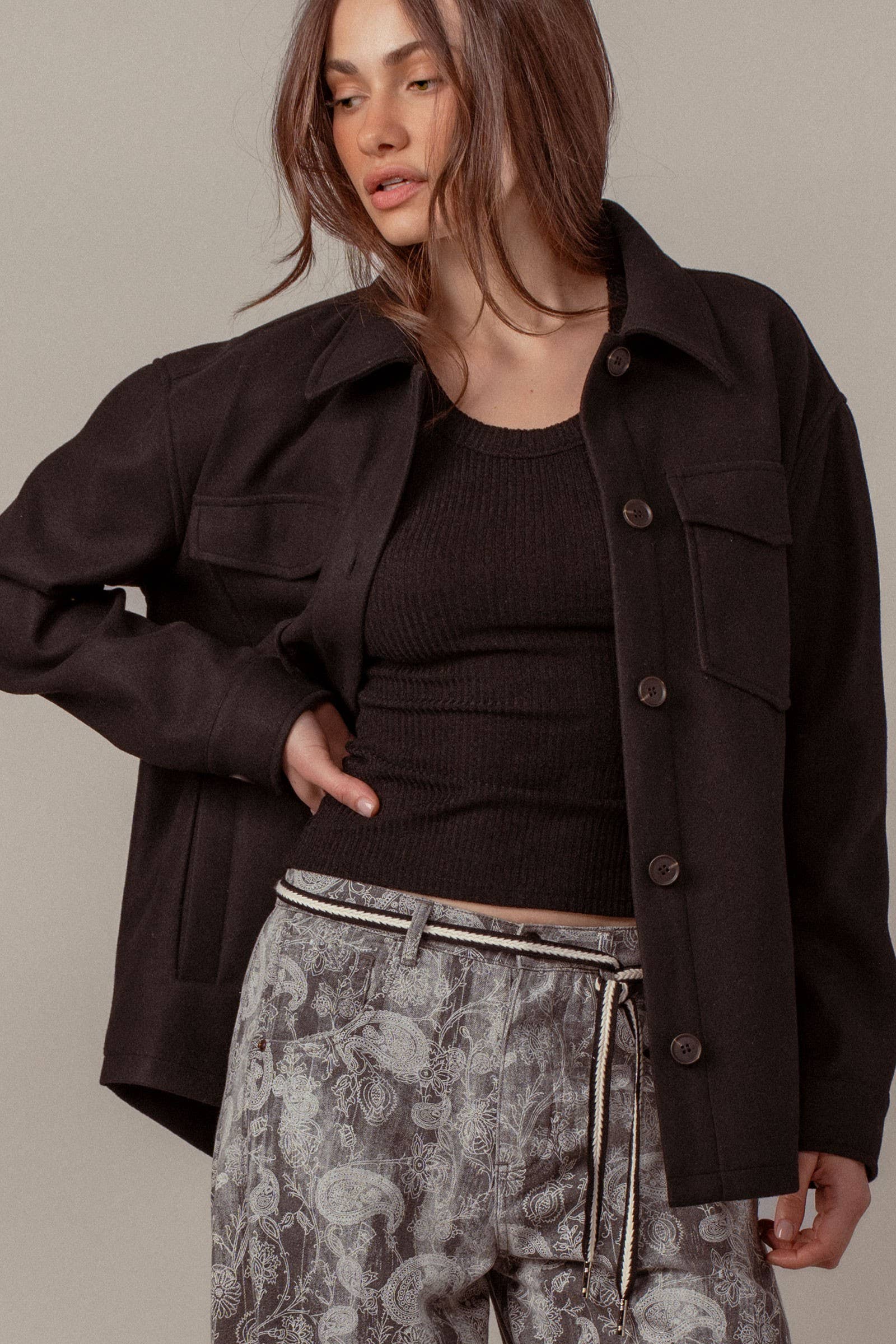 Urban Daizy Colorblock Wool Blend Shacket Jacket Black Shirt Jacket/Shacket - Women's (UDZ-TP-00812) – alternate view 11