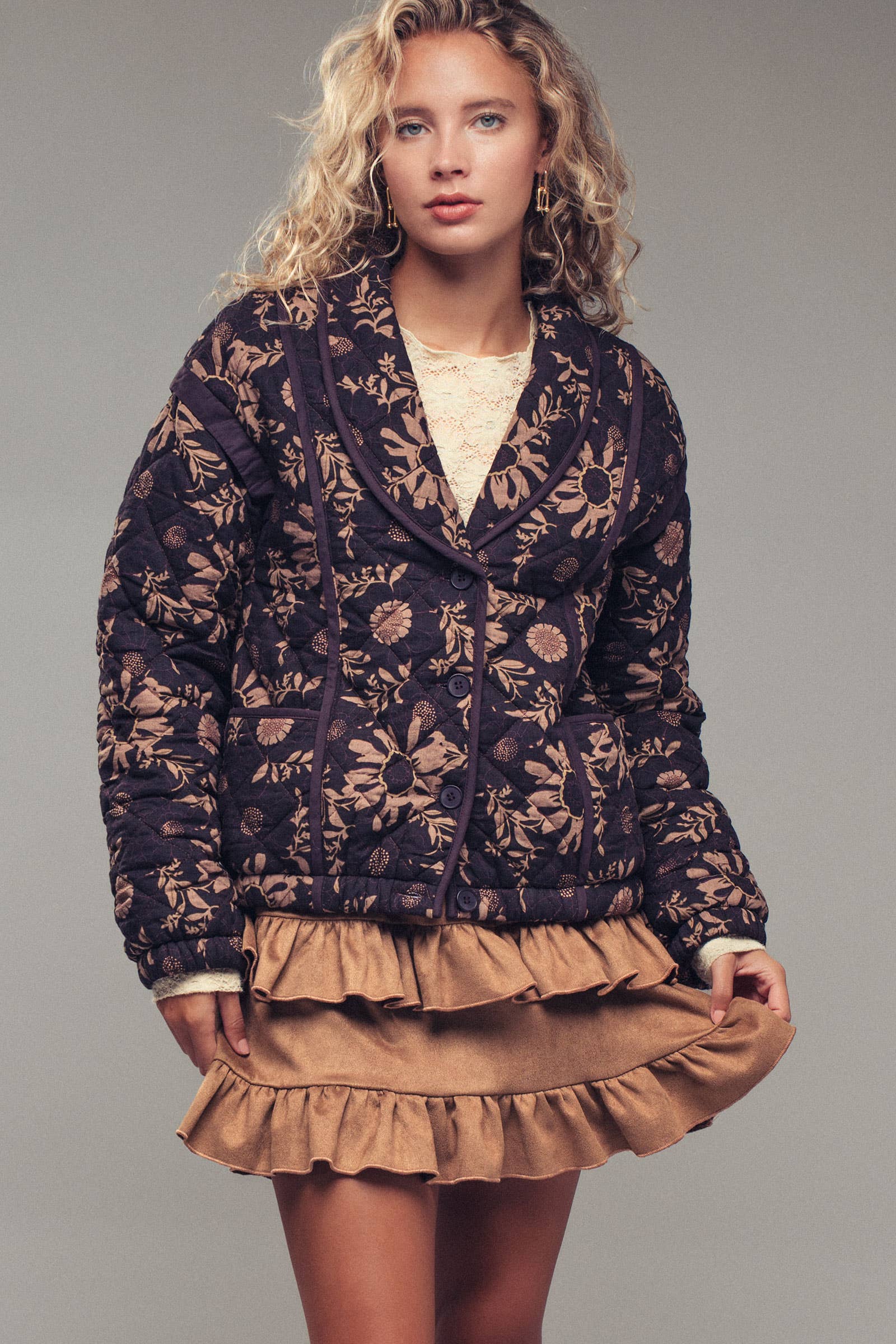 Quilted Floral Shawl Collar Jacket