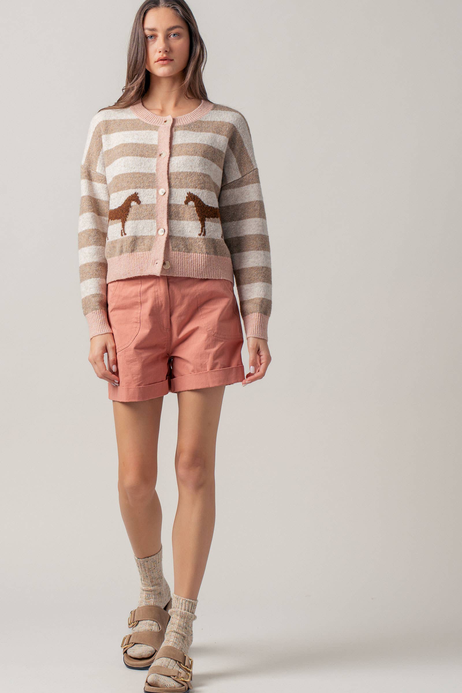 Horse Jacquard Striped Crew Neck Cardigan
