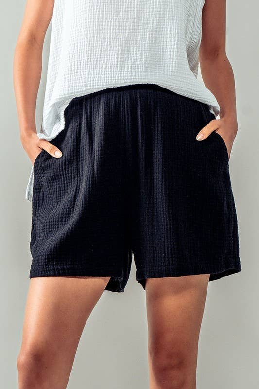 Urban Daizy Vintage Washed Bubble Gauze Lounge Shorts Black Lounge Shorts - Women's (UDZ-PT-00258)
