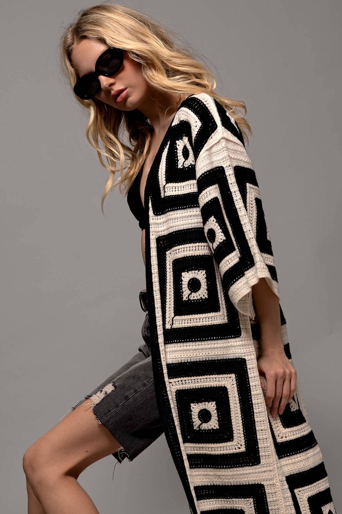 Urban Daizy Geometric Crochet Midi Length Open Front Cardigan Black Cardigan - Women's (UDZ-KN-00277) – alternate view 6