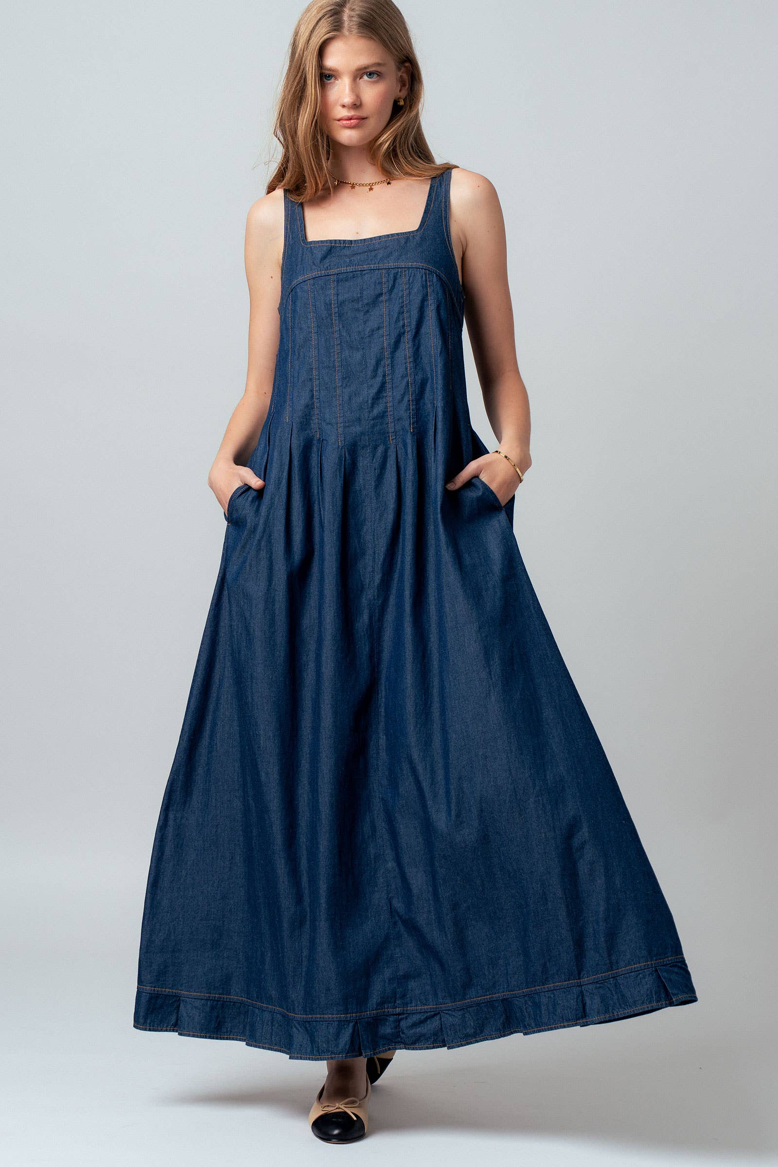 Smocked Back Denim Maxi Dress