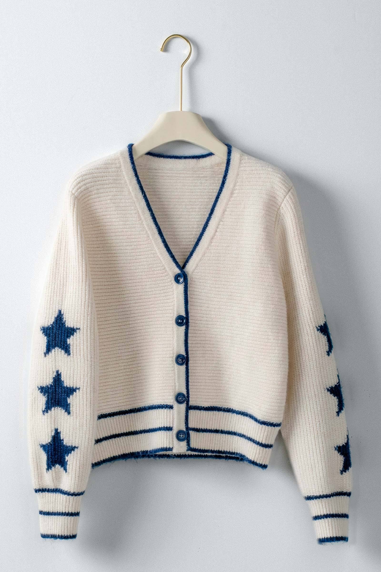 Urban Daizy Star Sleeve Striped Hem V-Neck Cardigan Ivory-Navy Cardigan - Women's (UDSW0347-Ivory-Navy)
