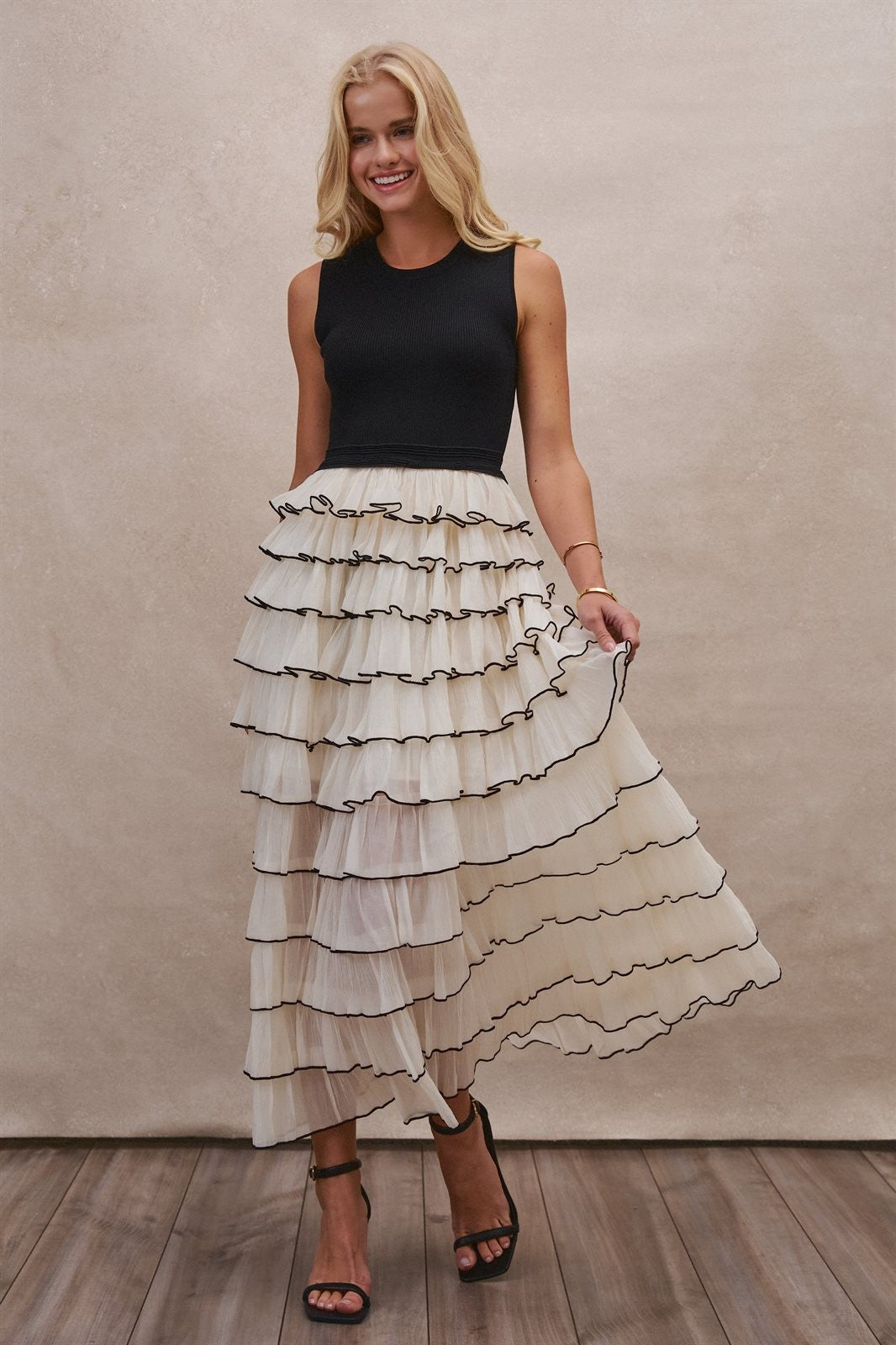 Tiered Ruffle Maxi Dress with Contrast Trim in BLACK - Women's Cocktail Dresses | Urban Daizy