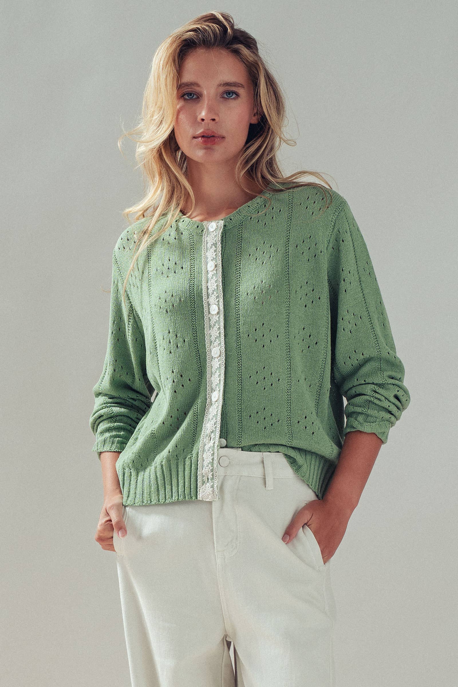 Urban Daizy Pointelle Knit Cardigan Lace Trim Button Down Green Cardigan - Women's (UDZ-KN-01051) – alternate view 8