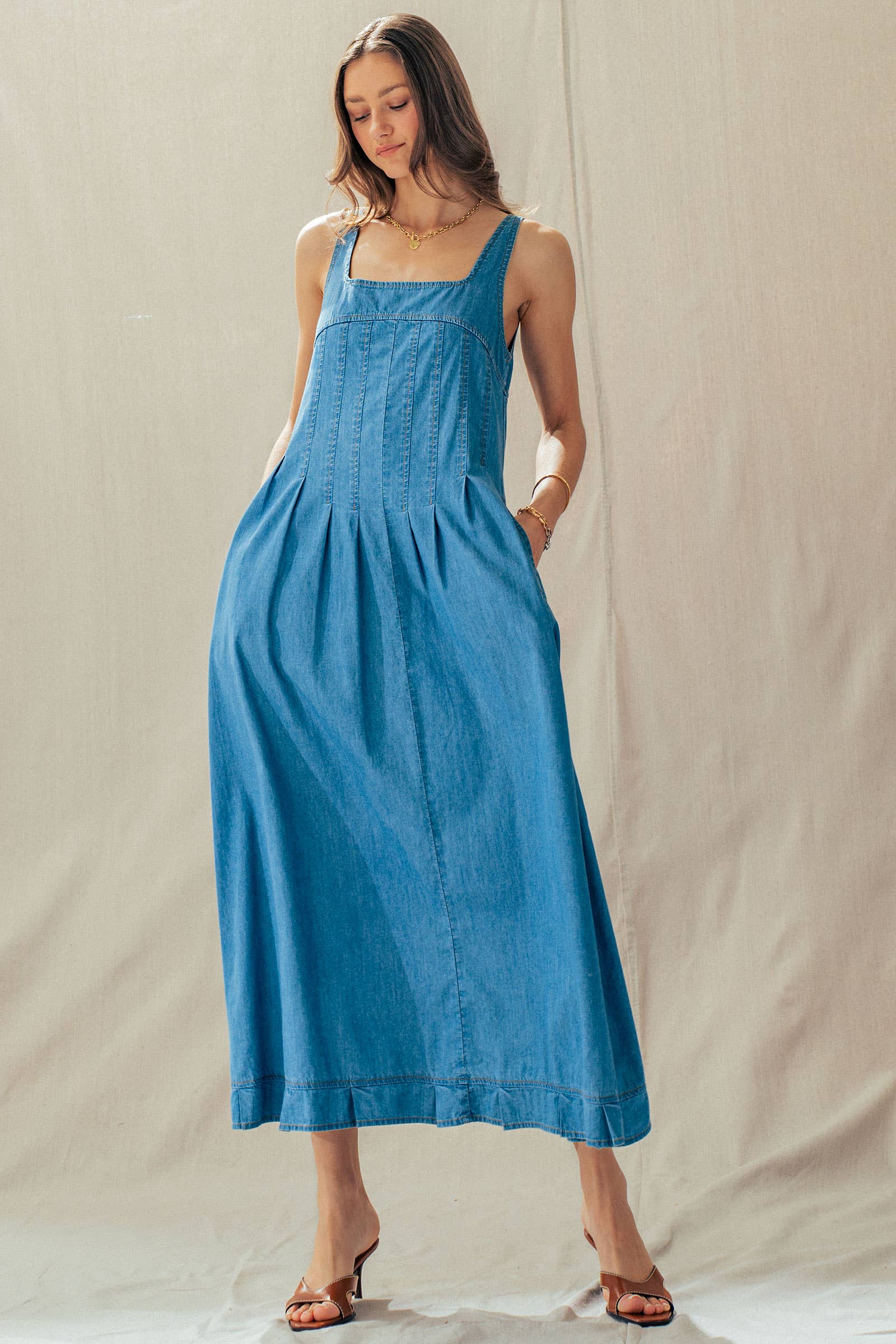 Smocked Back Denim Maxi Dress