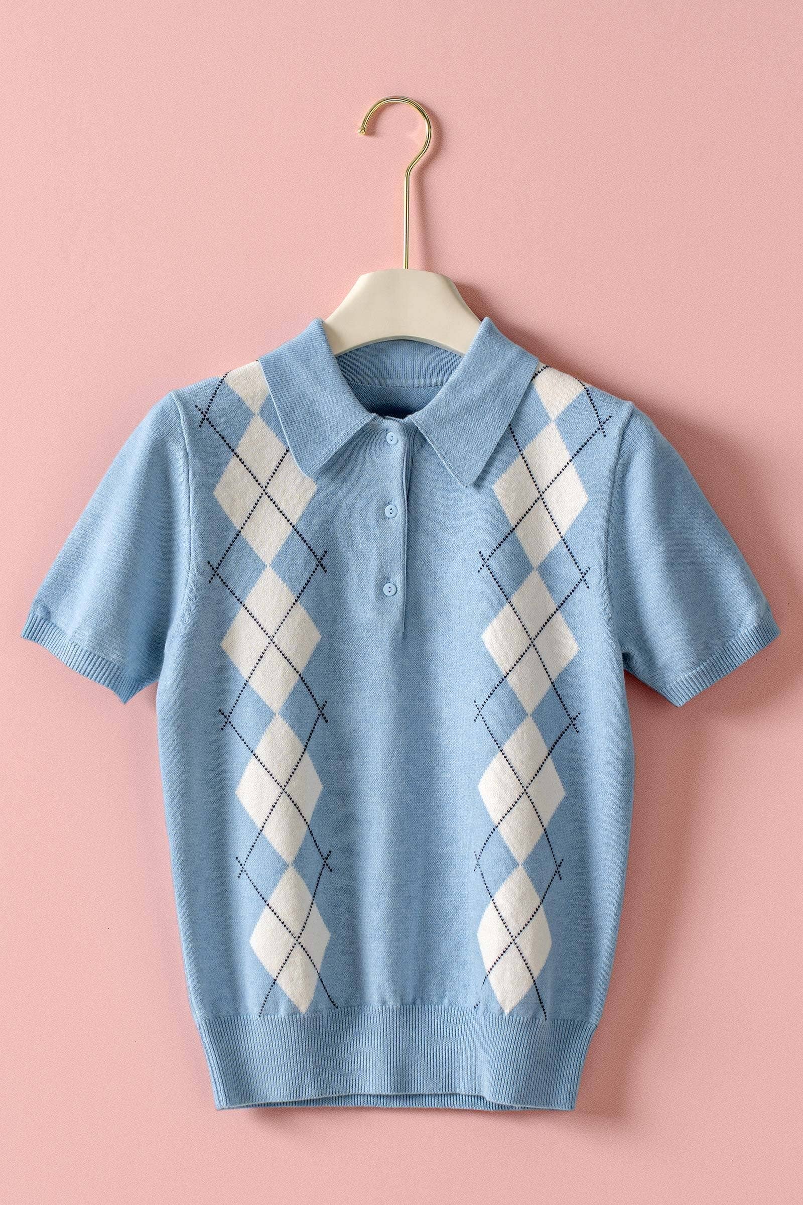 Preppy Argyle Short Sleeve Sweater