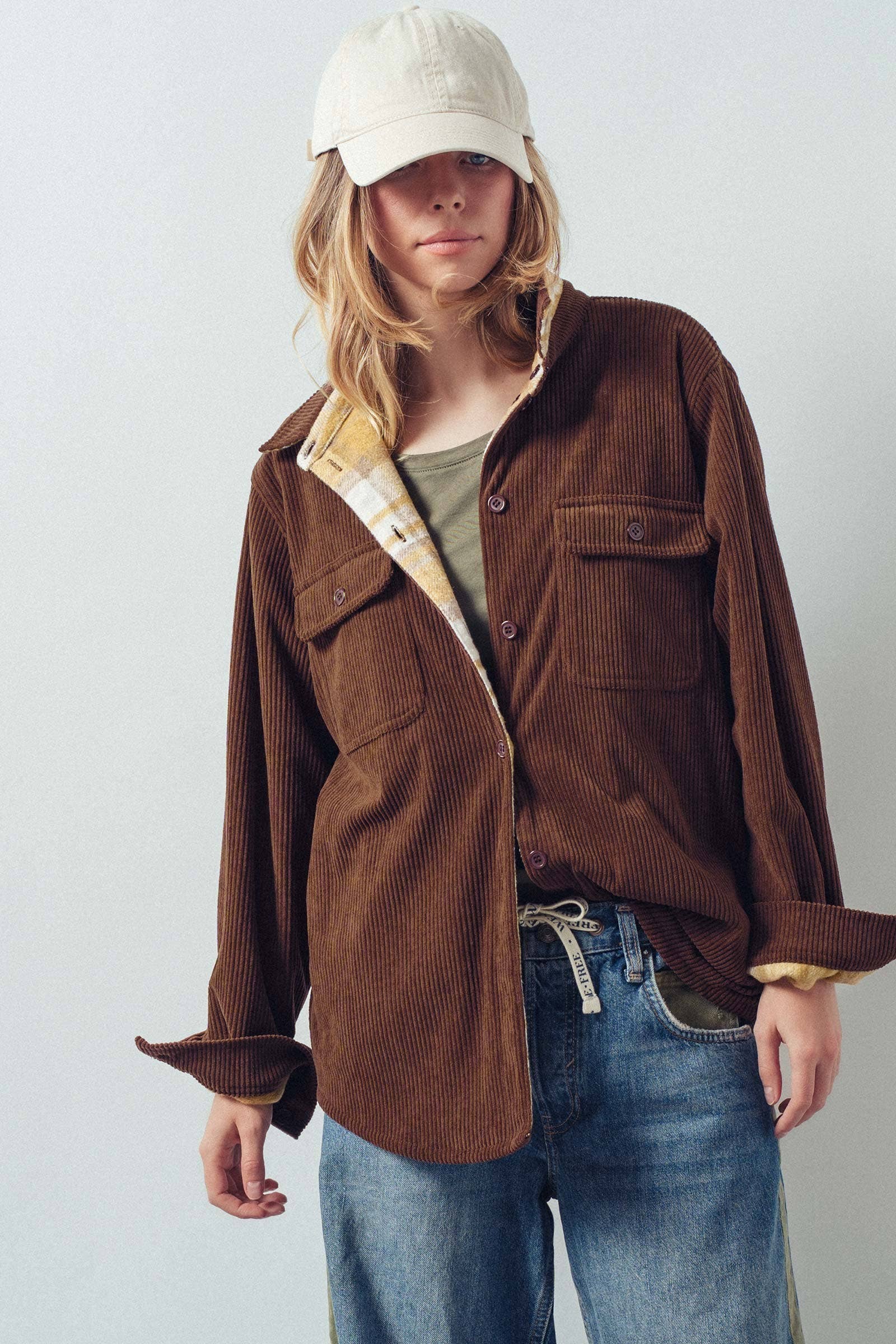 Urban Daizy Plaid Flannel-Lined Corduroy Shacket Taupe Shirt Jacket/Shacket - Women's (UDZ-KN-00150) – alternate view 30