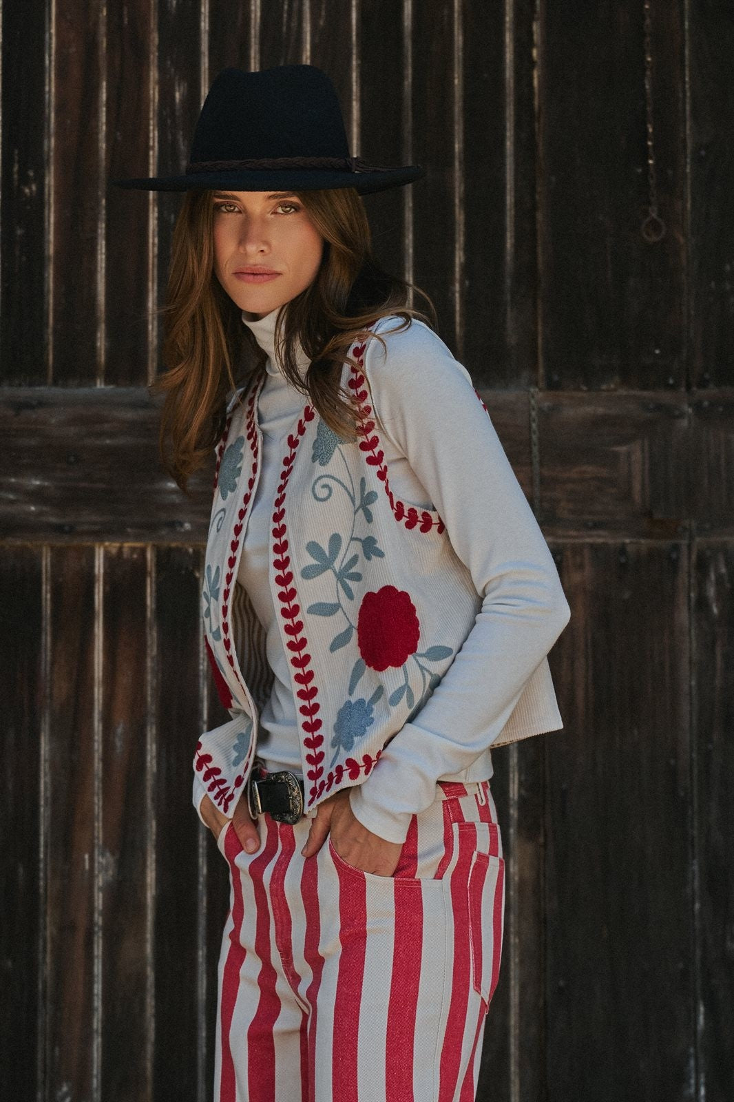 Floral Embroidered Corduroy Vest with Heart Vine Trim in IVORY - Women's Vests | Urban Daizy