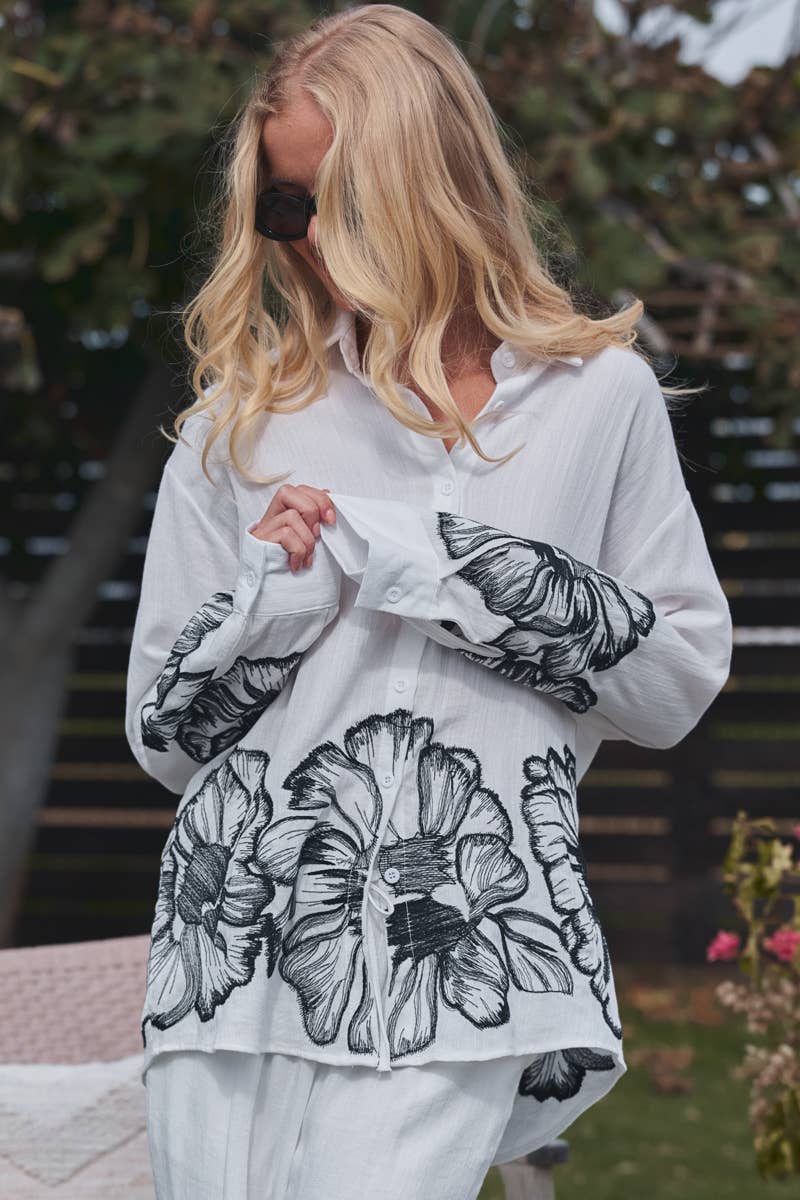 Urban Daizy Floral Embroidered Oversized Button Down Shirt Taupe Button Down Shirt - Women's (UDZ-OT-00168) – alternate view 4