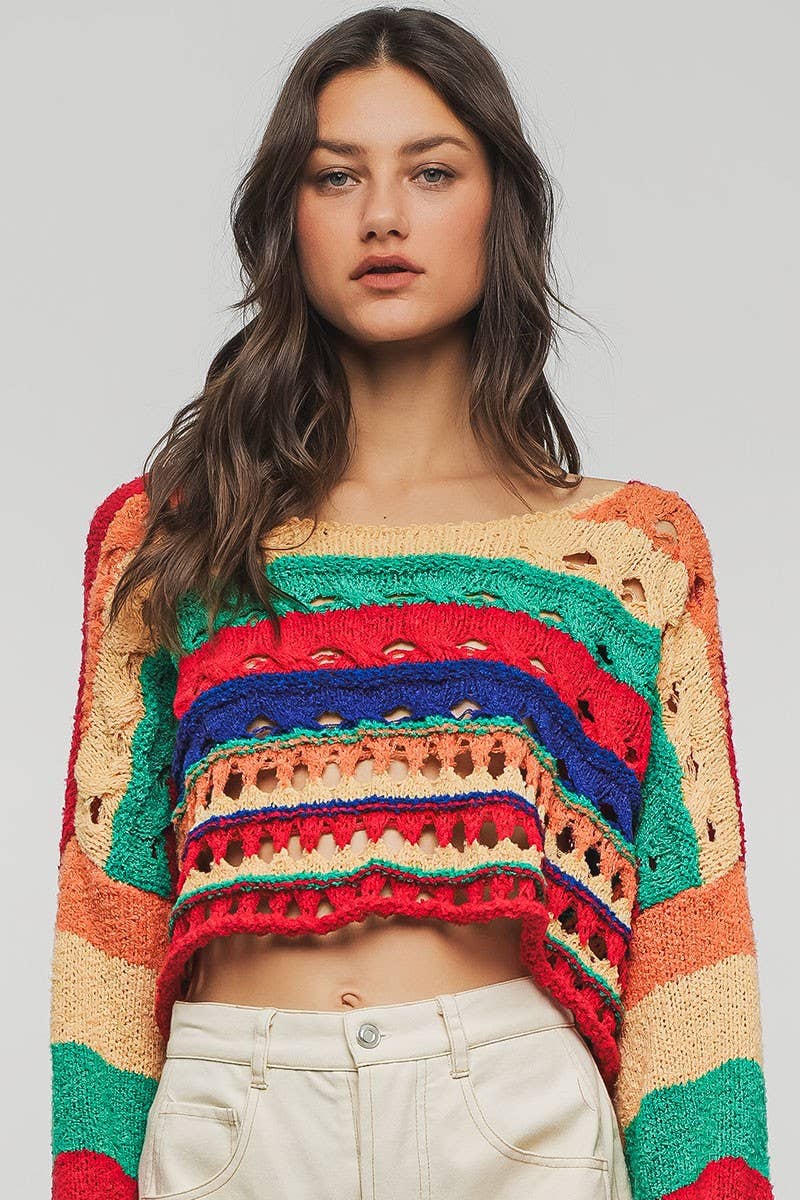 Urban Daizy Colorblock Crochet Knit Cropped Tie Back Sweater Muliti Knit Sweater - Women's (UDZ-KN-00357)