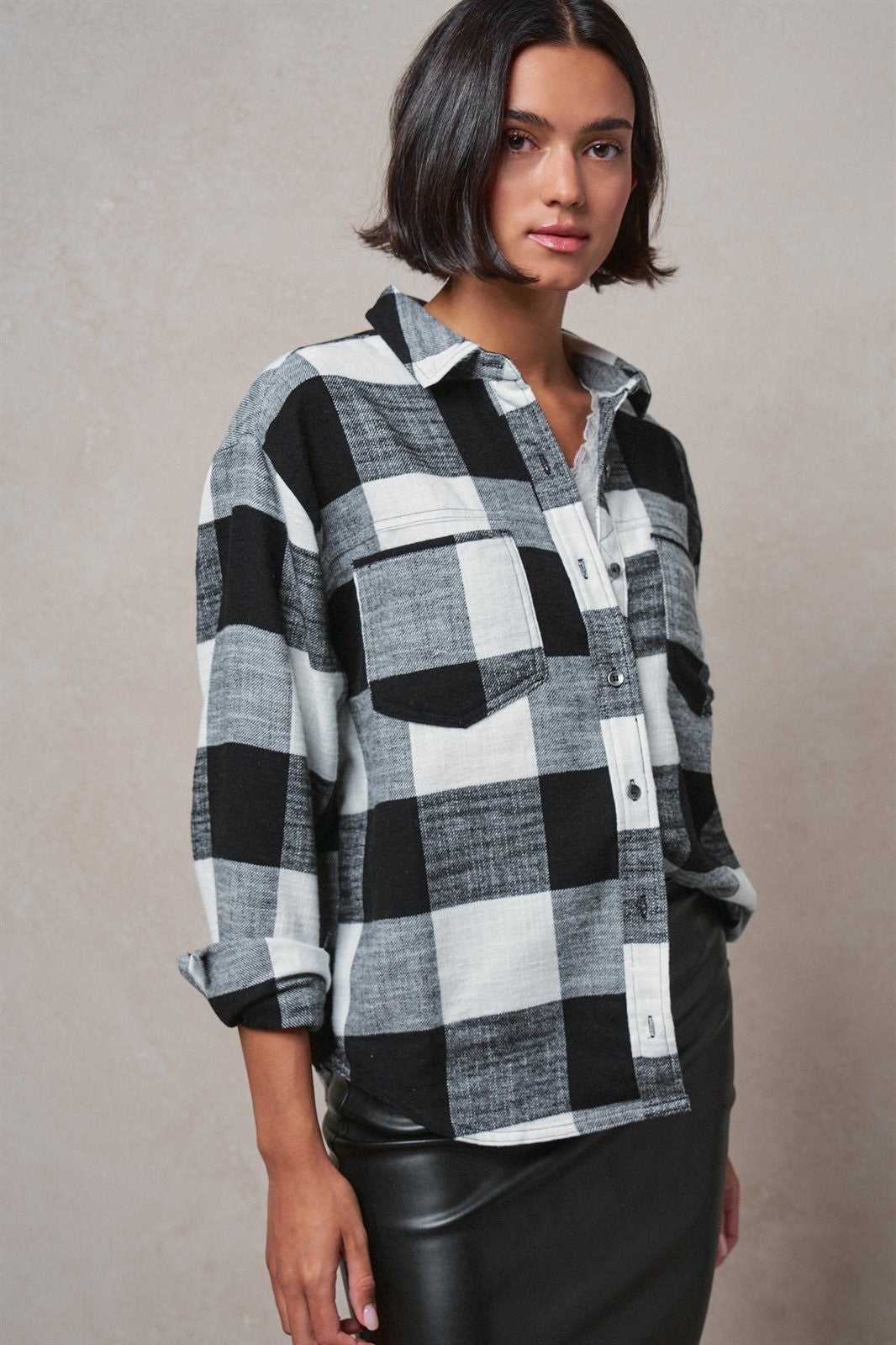 Buffalo Plaid Flannel Shirt Button Up Western Boho Top in BLACK - Women's Shirts & Blouses | Urban Daizy