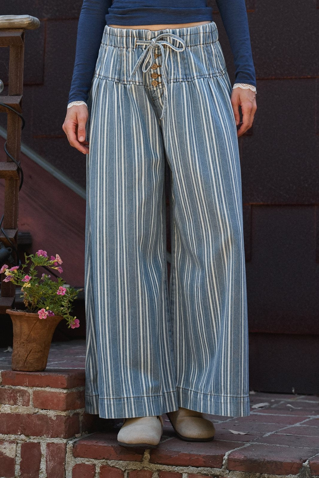 Striped Denim Wide Leg Palazzo Pants Vintage Wash Boho Coast in LT DENIM - Women's Casual Pants | Urban Daizy