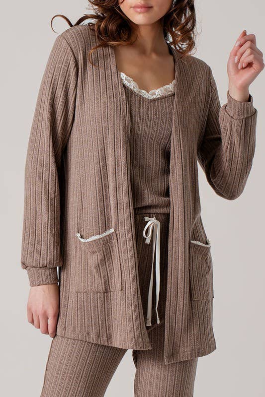 Urban Daizy Pointelle Knit Lace-Trim Pocket Cardigan Cocoa Cardigan - Women's (UDZ-KN-01037)