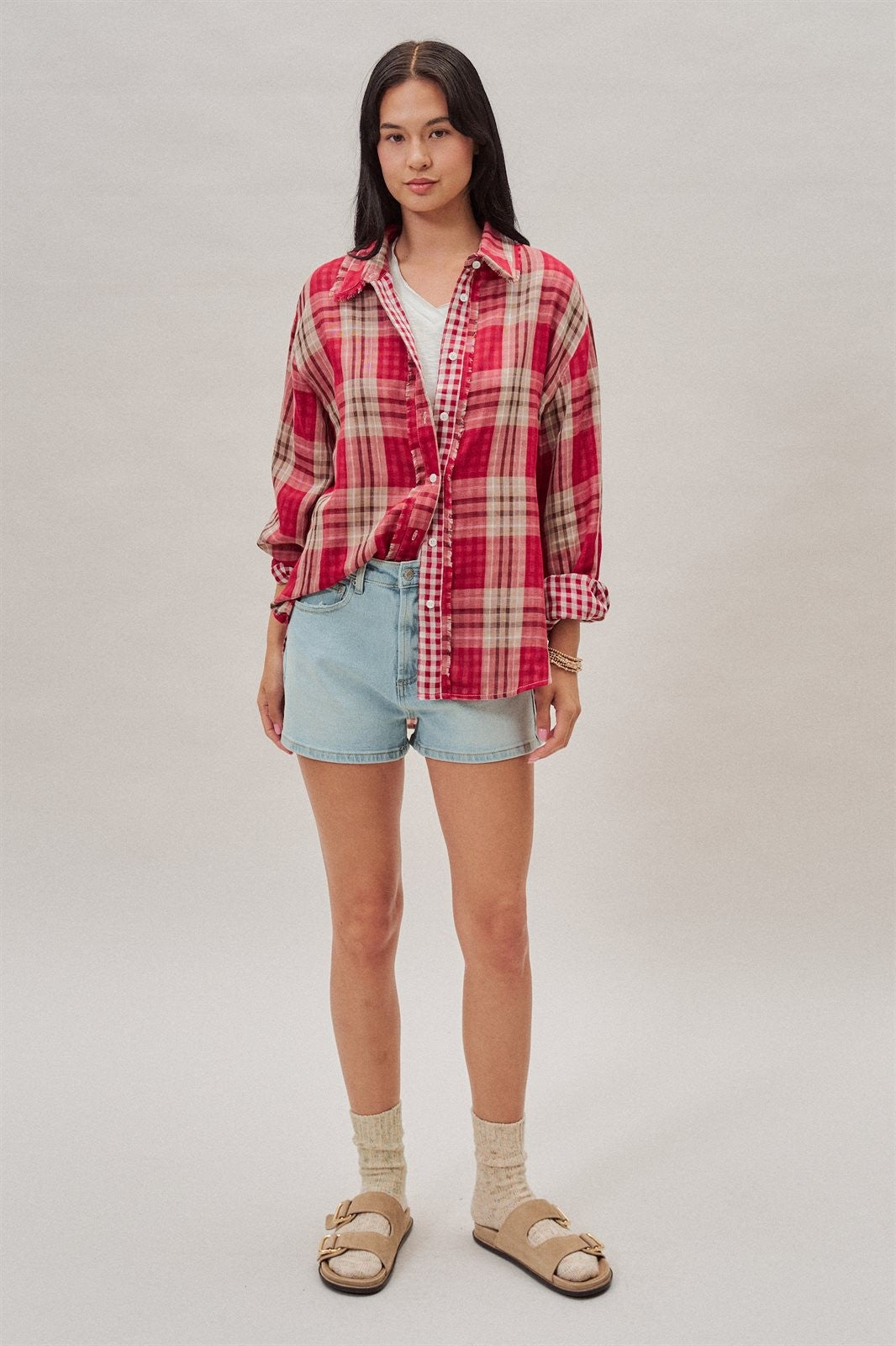 Oversized Plaid Cotton Button-Down Shirt in RED - Women's Shirts & Blouses | Urban Daizy