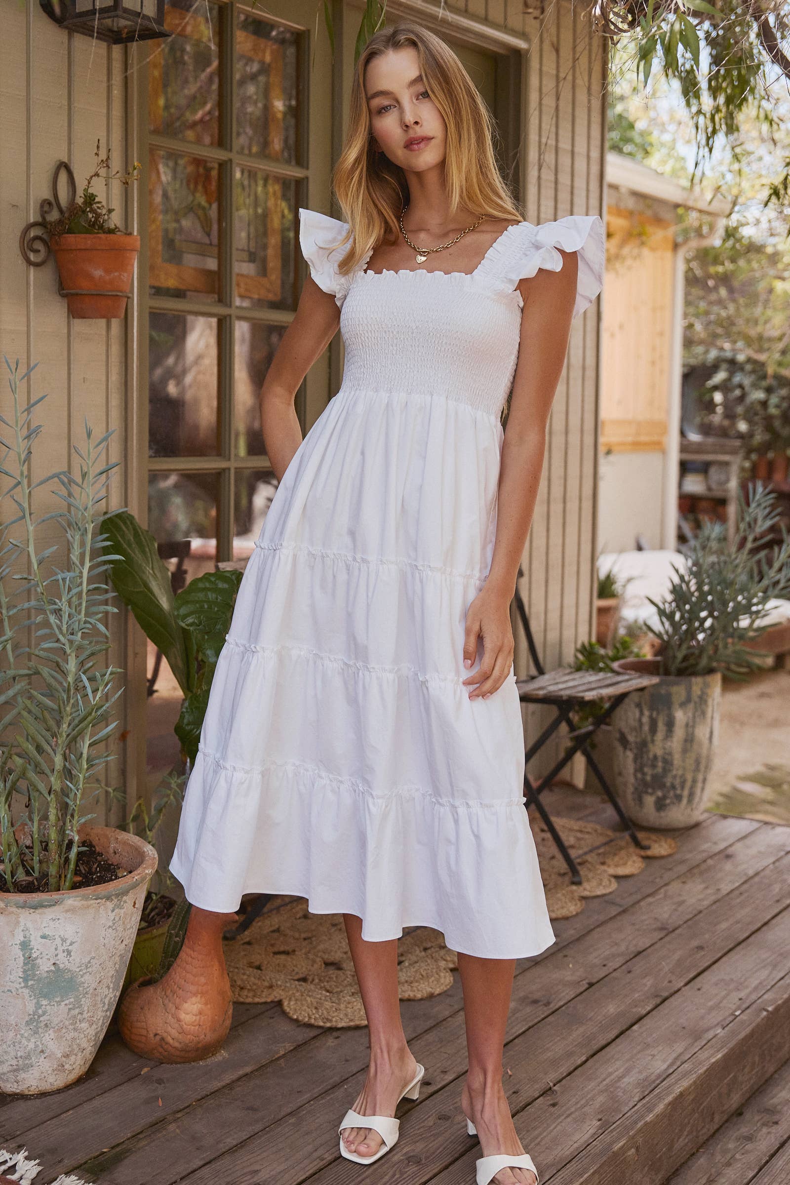 Cotton Smocked Tiered Midi Dress