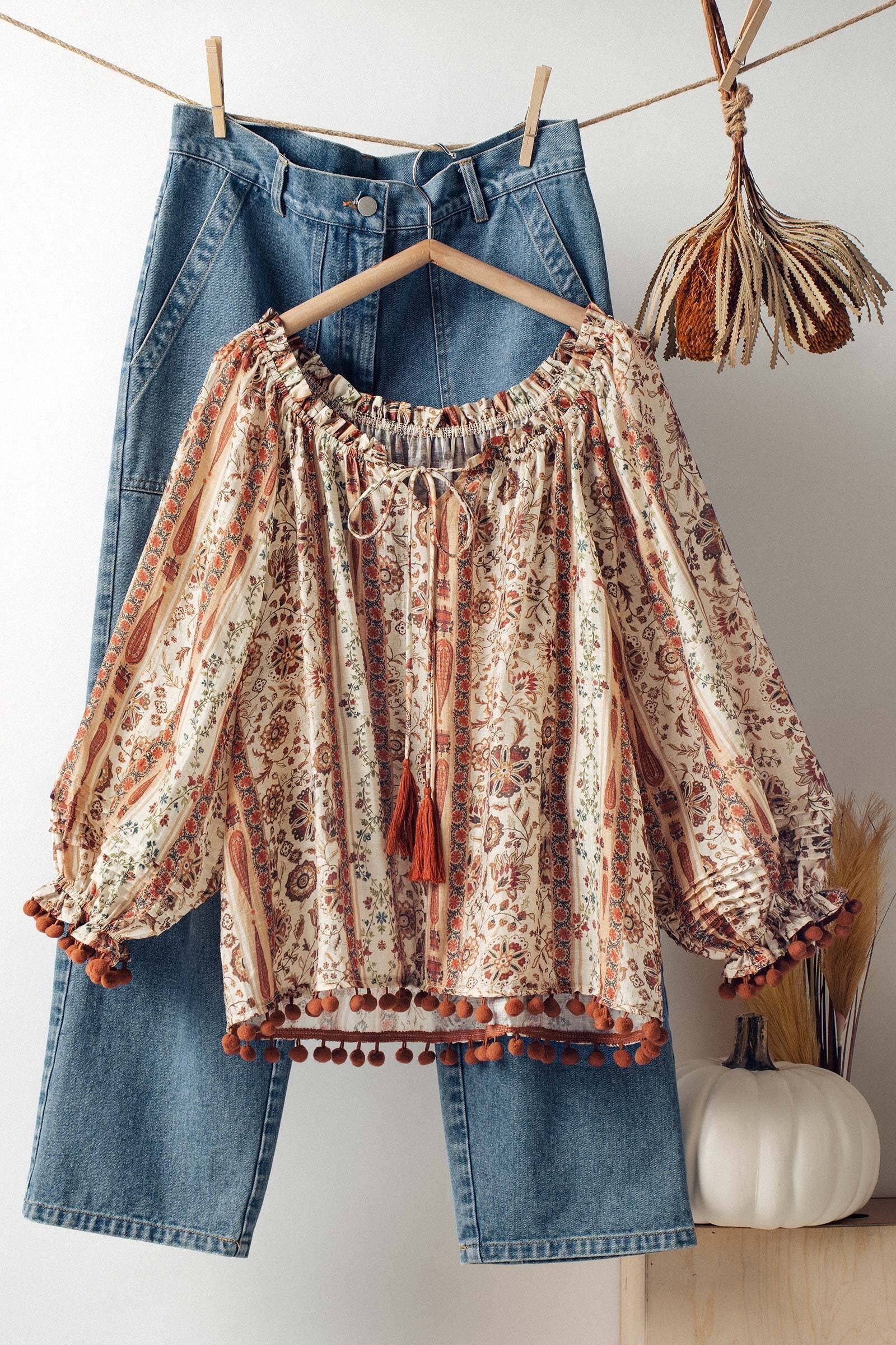 Urban Daizy Boho Off-Shoulder Floral Stripe Blouse Brown-Multi Blouse - Women's (UDZ-TP-01030)