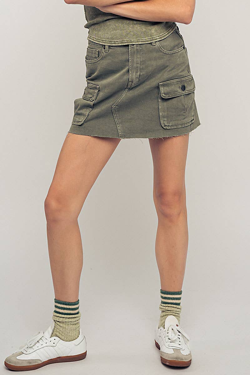 High Rise Raw Hem Utility Pocket Mini Cargo Skirt
