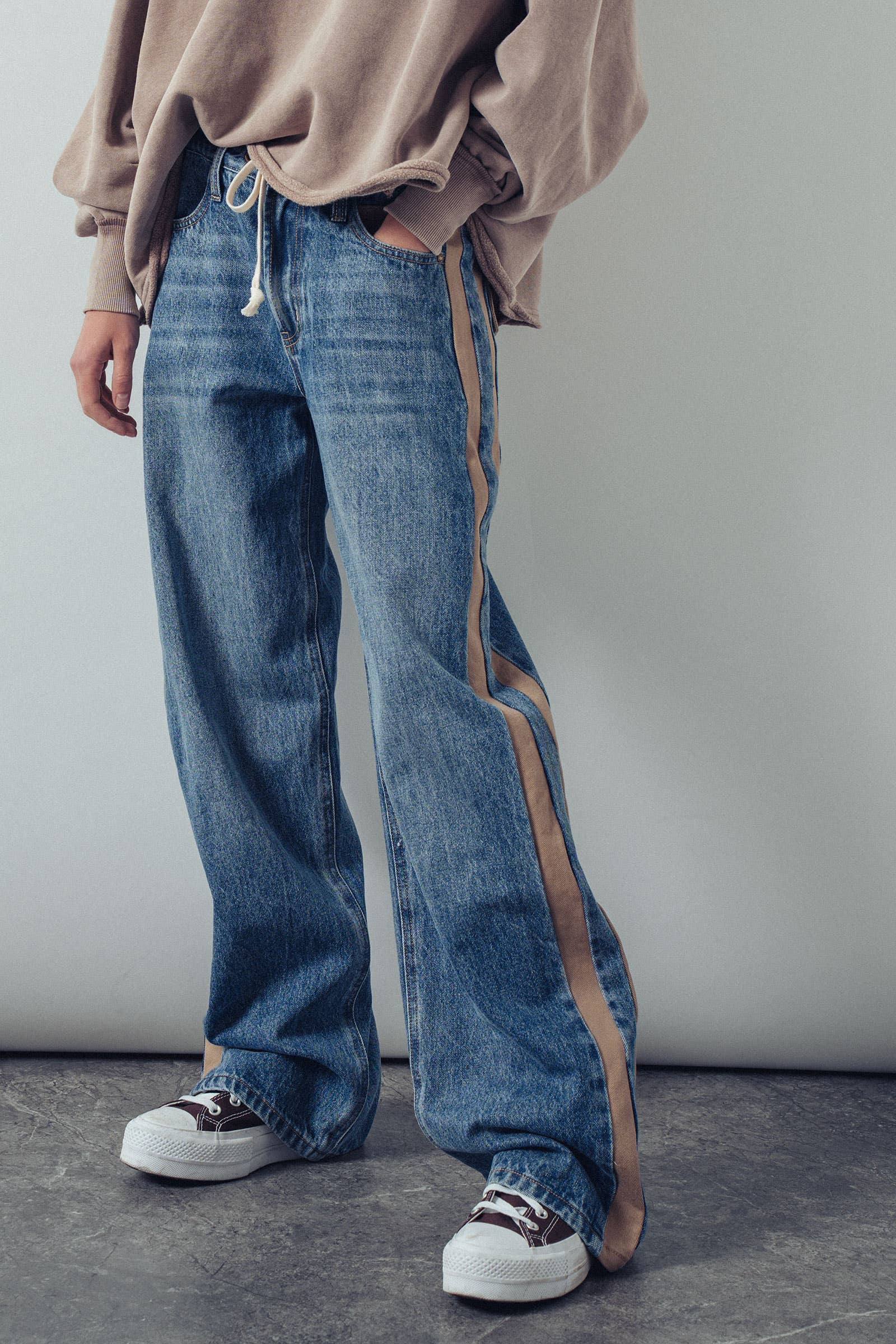 Wide-Leg Utility Stripe Denim Jeans