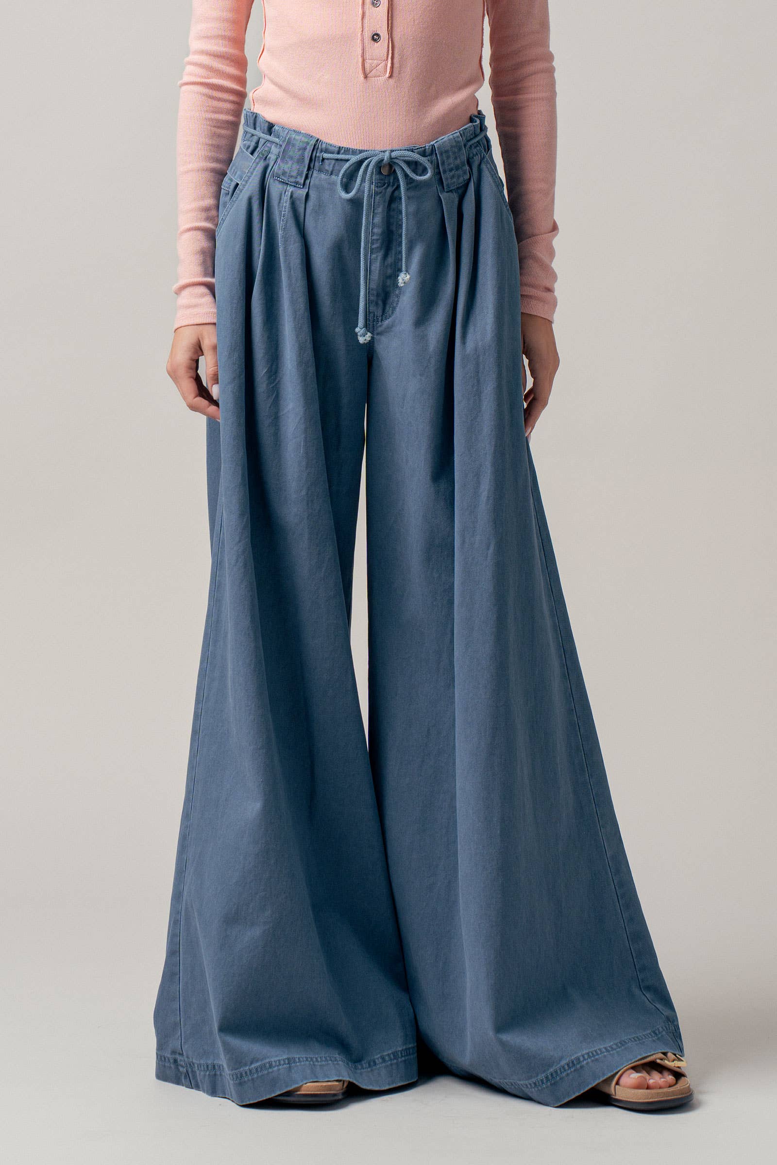 Wide-Leg Drawstring Denim Pants