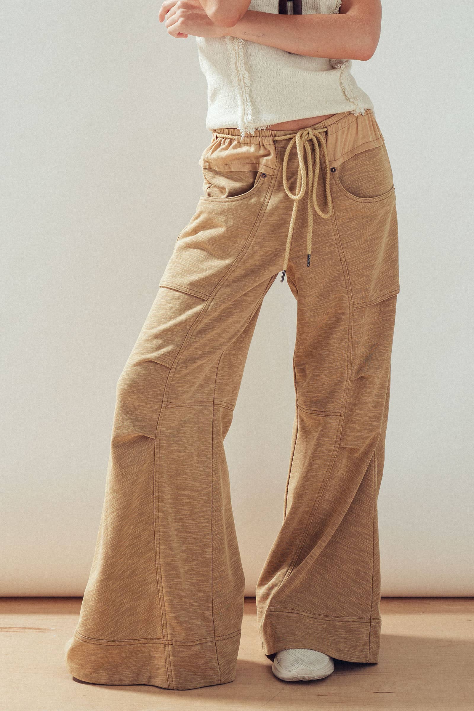 Drawstring Waist Seam Detail Wide-Leg Pants